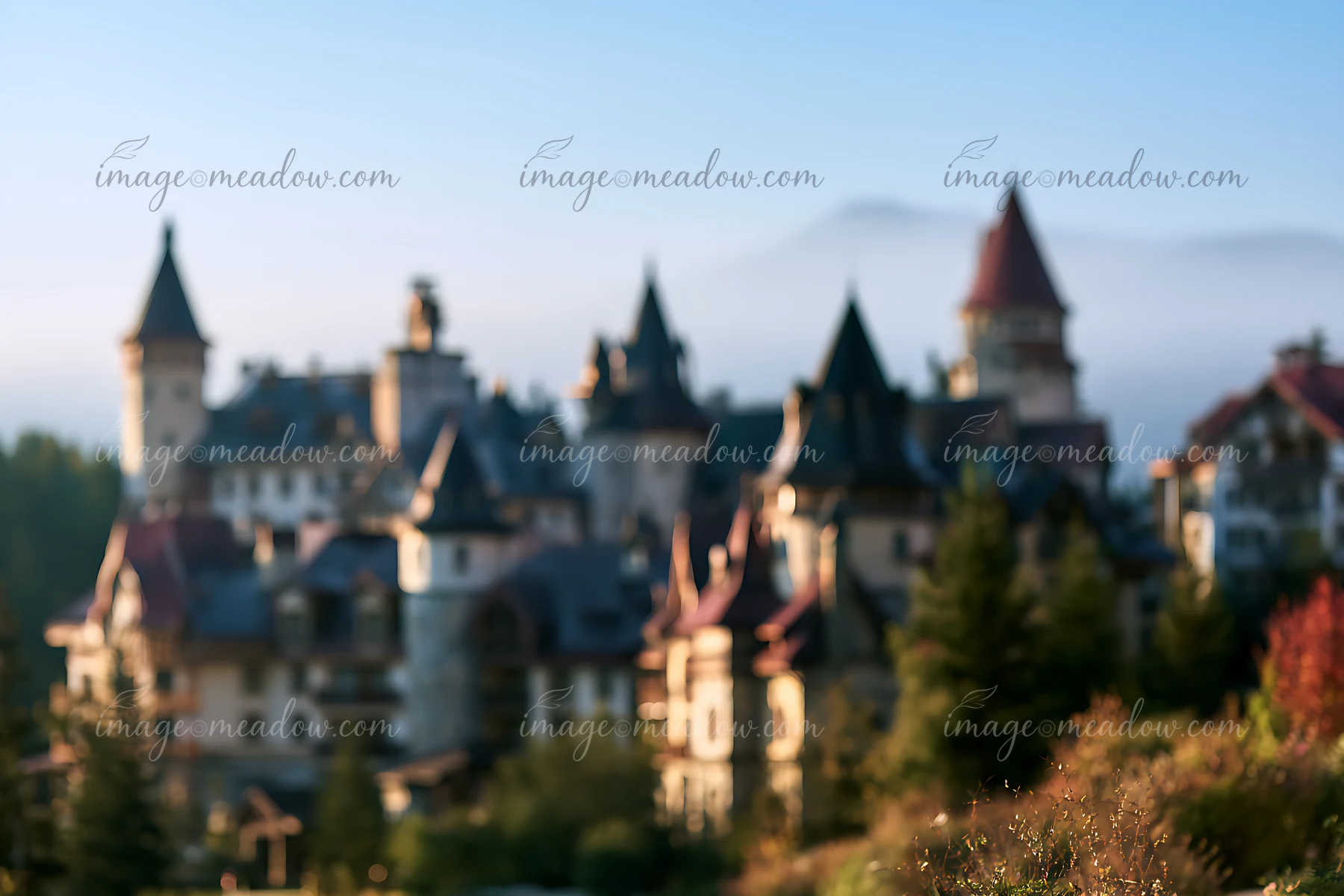 A large castle with multiple towers and intricate designs sits in a misty landscape, surrounded by trees during the morning hours.