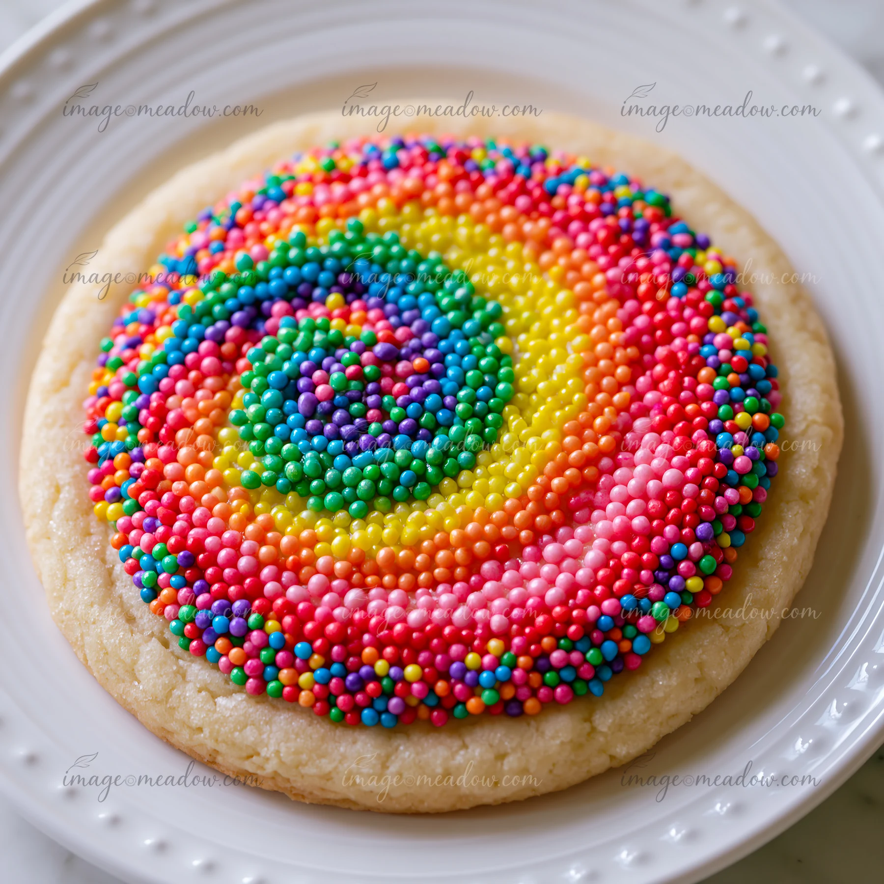 A large cookie features colorful rainbow sprinkles arranged in a swirl pattern on its surface.