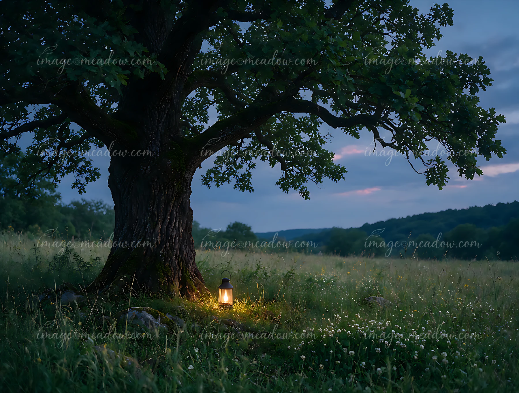 A large oak tree and glowing lantern stand in a flower-filled meadow beneath a dusky, cloudy sky.
