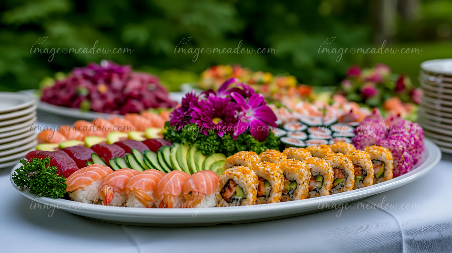 A large sushi platter features an assortment of rolls and sashimi, garnished with herbs and flowers, perfect for a catering event or gathering.