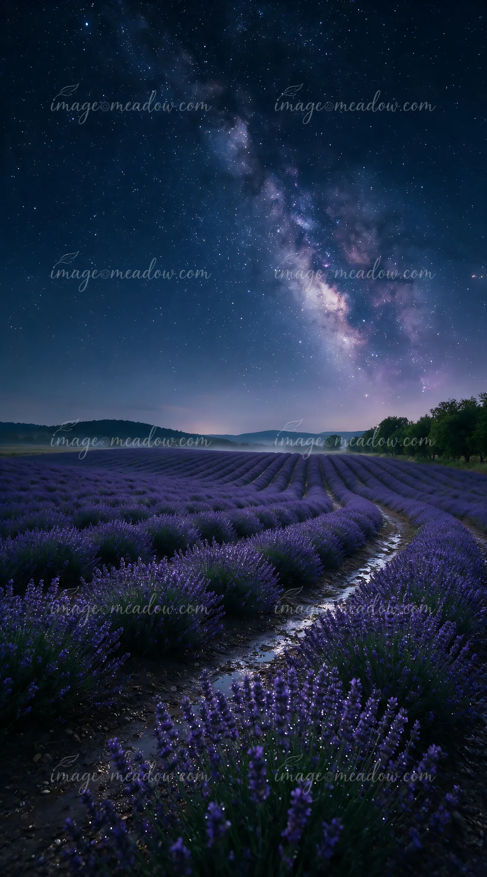 A lavender field stretches under a starry sky filled with bright stars and the Milky Way.