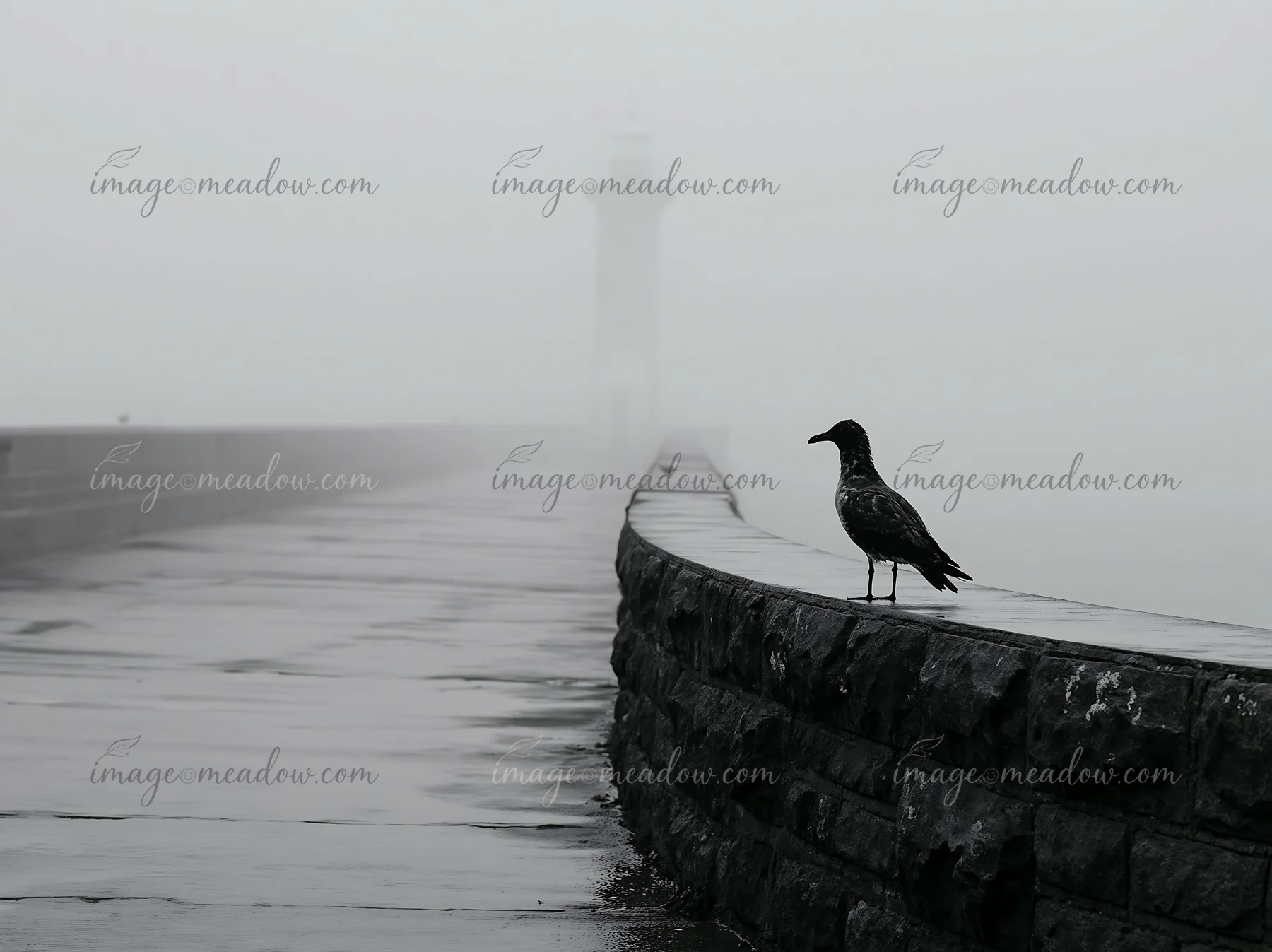 A lighthouse in heavy ocean fog stands on the shore while a bird rests on the path.