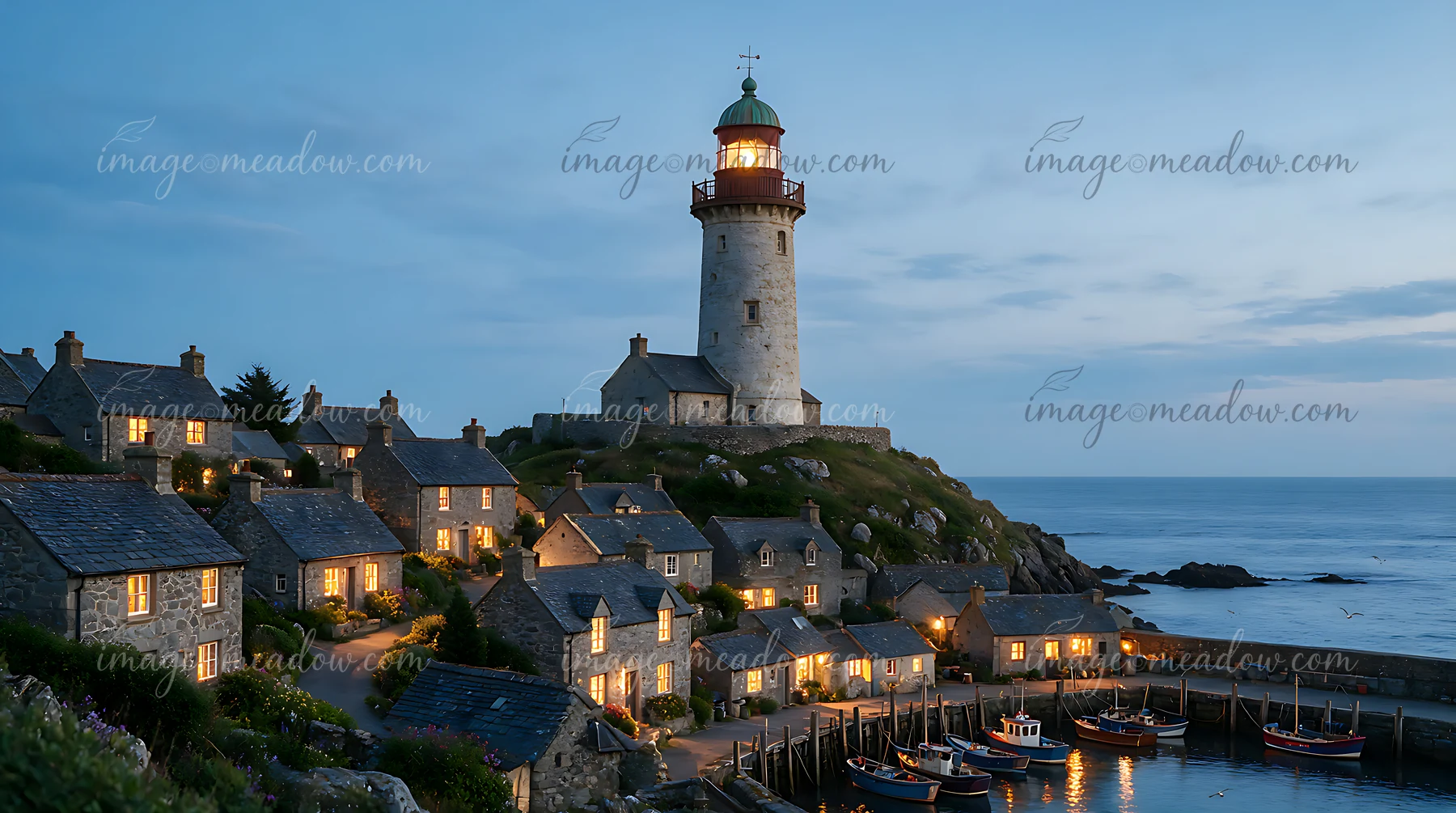A lighthouse overlooking a fishing village shines as night falls.