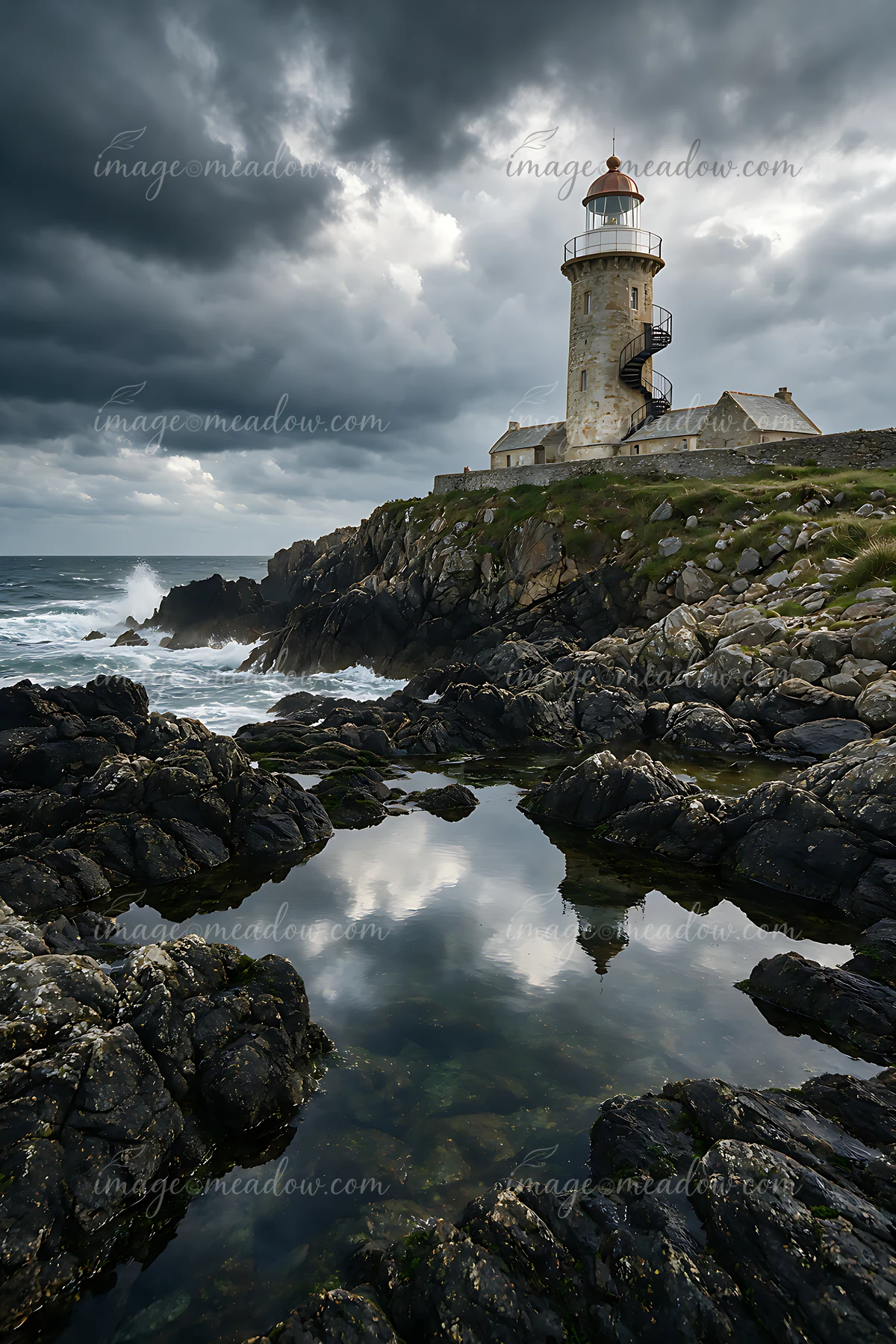 A lighthouse overlooks a stormy sea, standing tall on a rocky cliff.