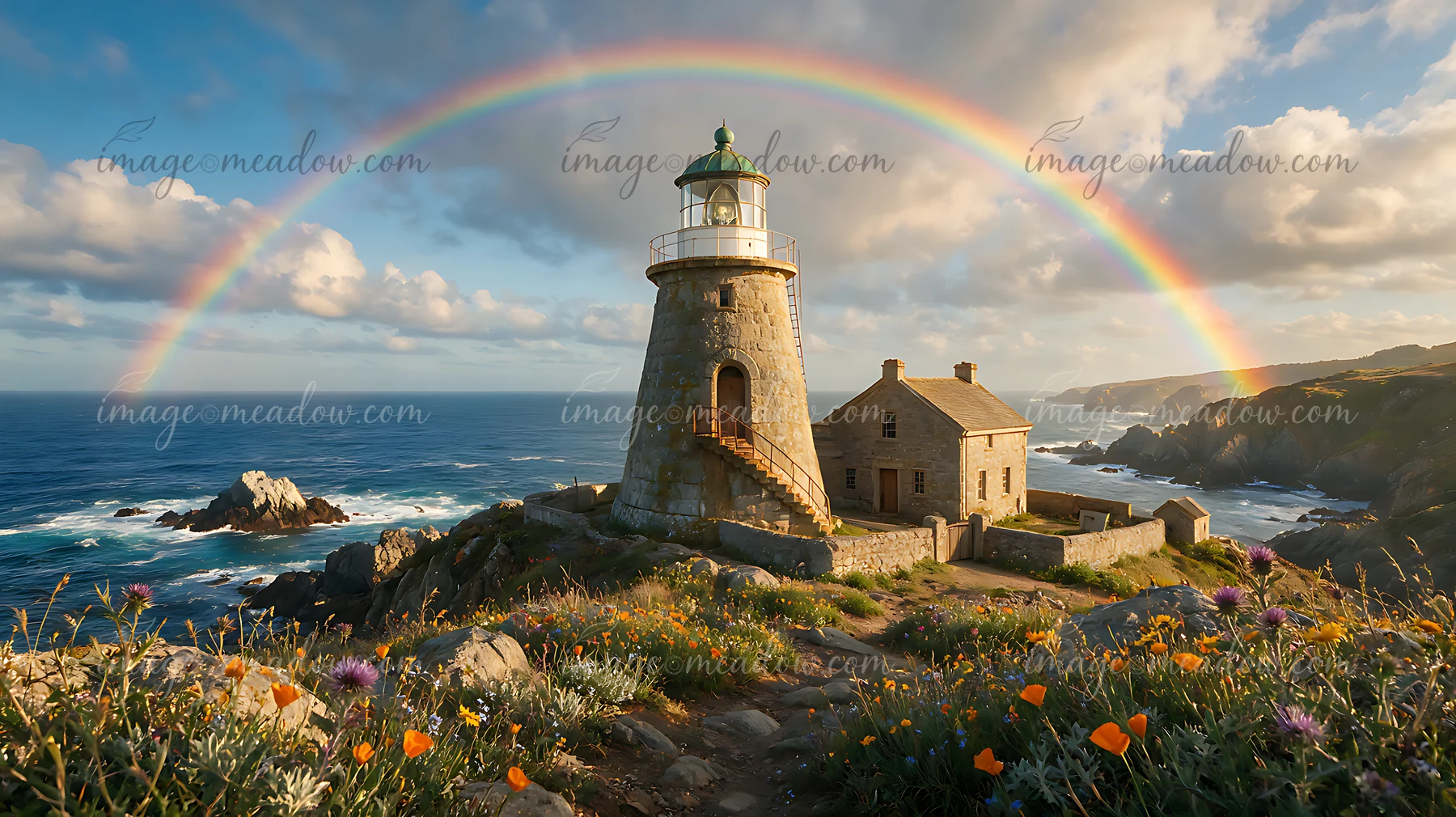 A lighthouse stands by the ocean with a rainbow stretching across the sky.