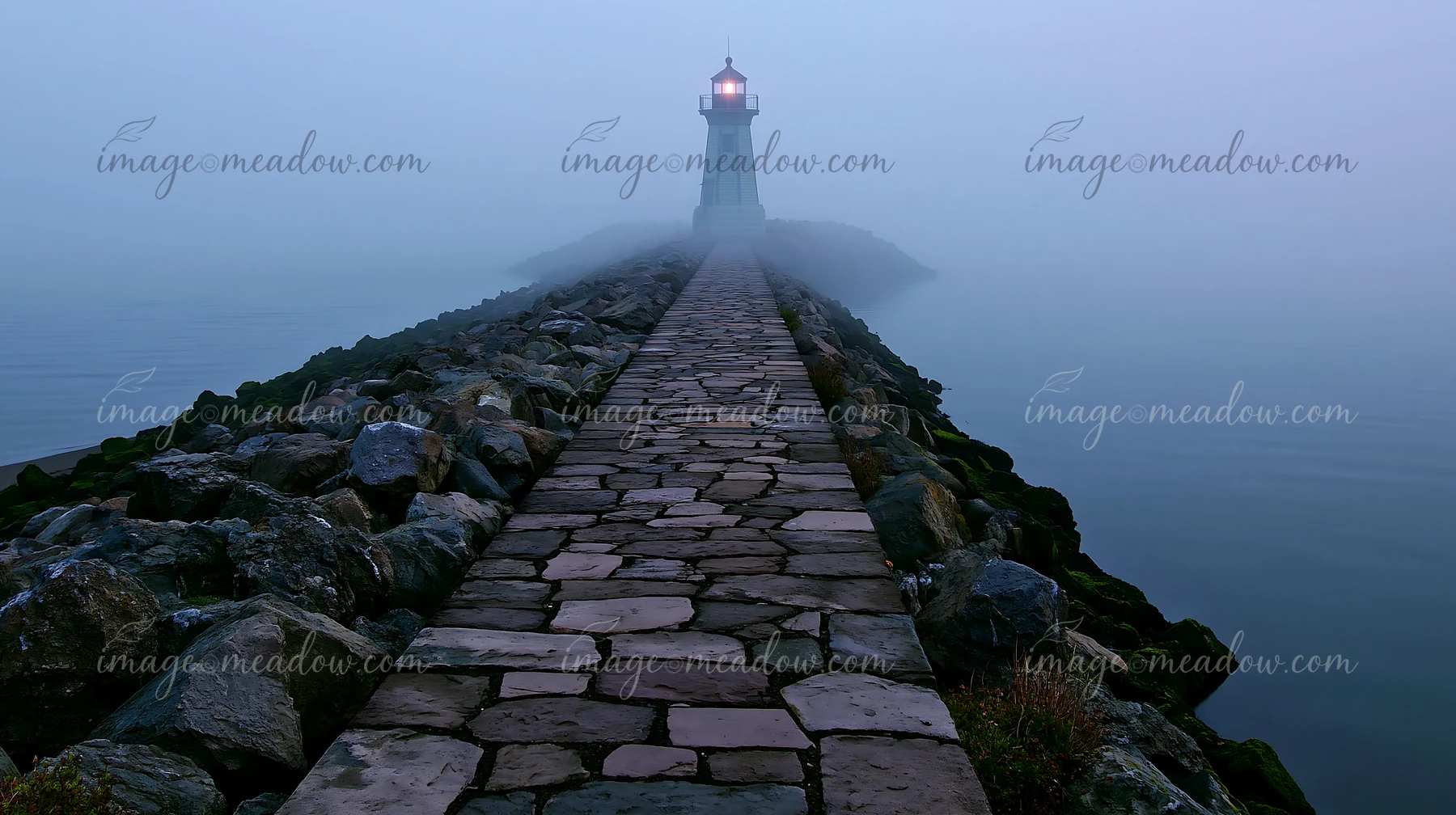 A lighthouse stands in heavy ocean fog at the end of a rocky pathway.