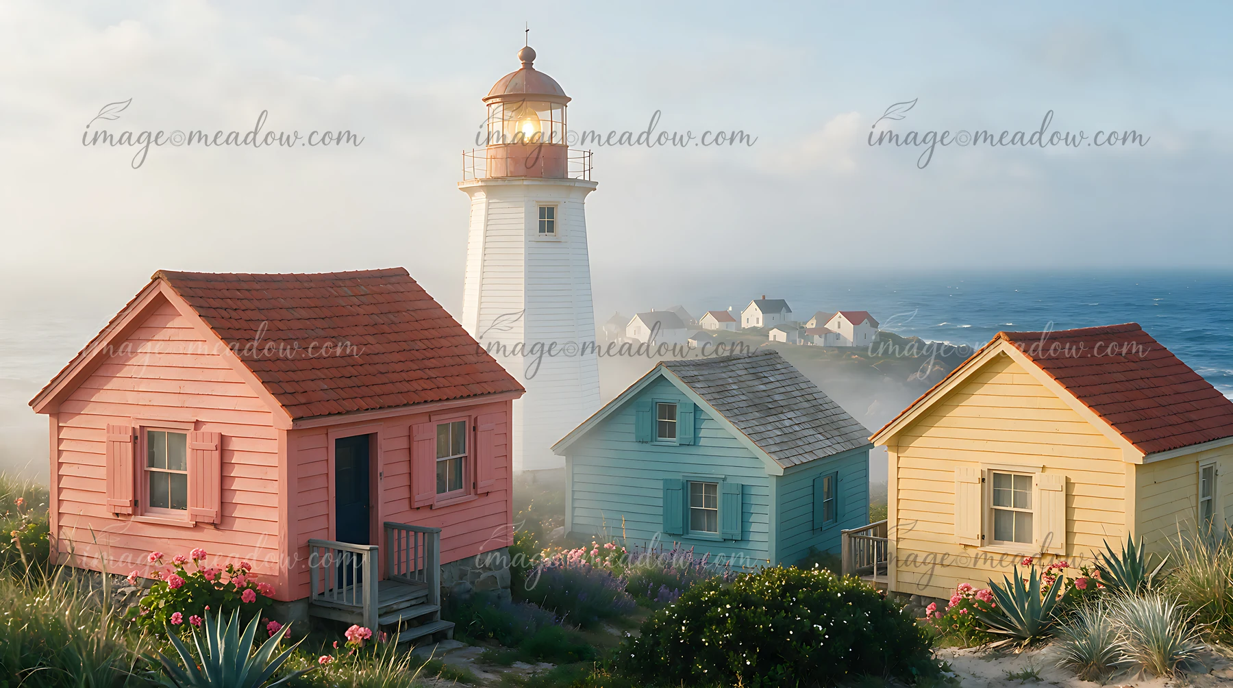 A lighthouse stands next to colorful beach cottages along the shore.
