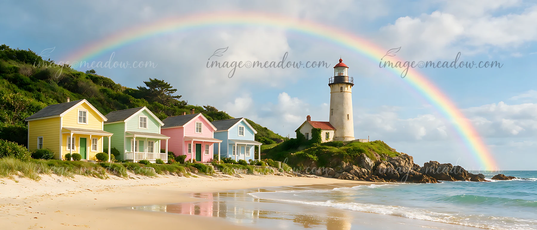 A lighthouse stands next to colorful beach cottages under a rainbow.