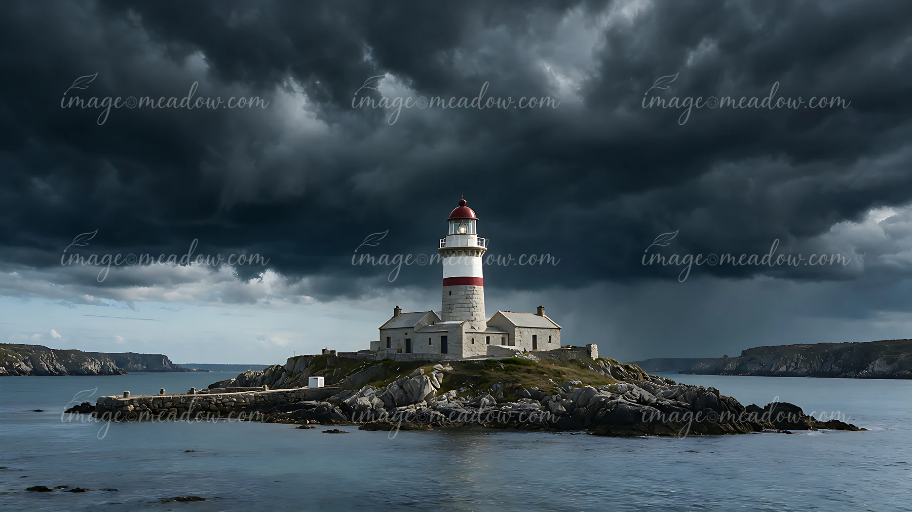 A lighthouse stands on a rocky island under dramatic clouds.