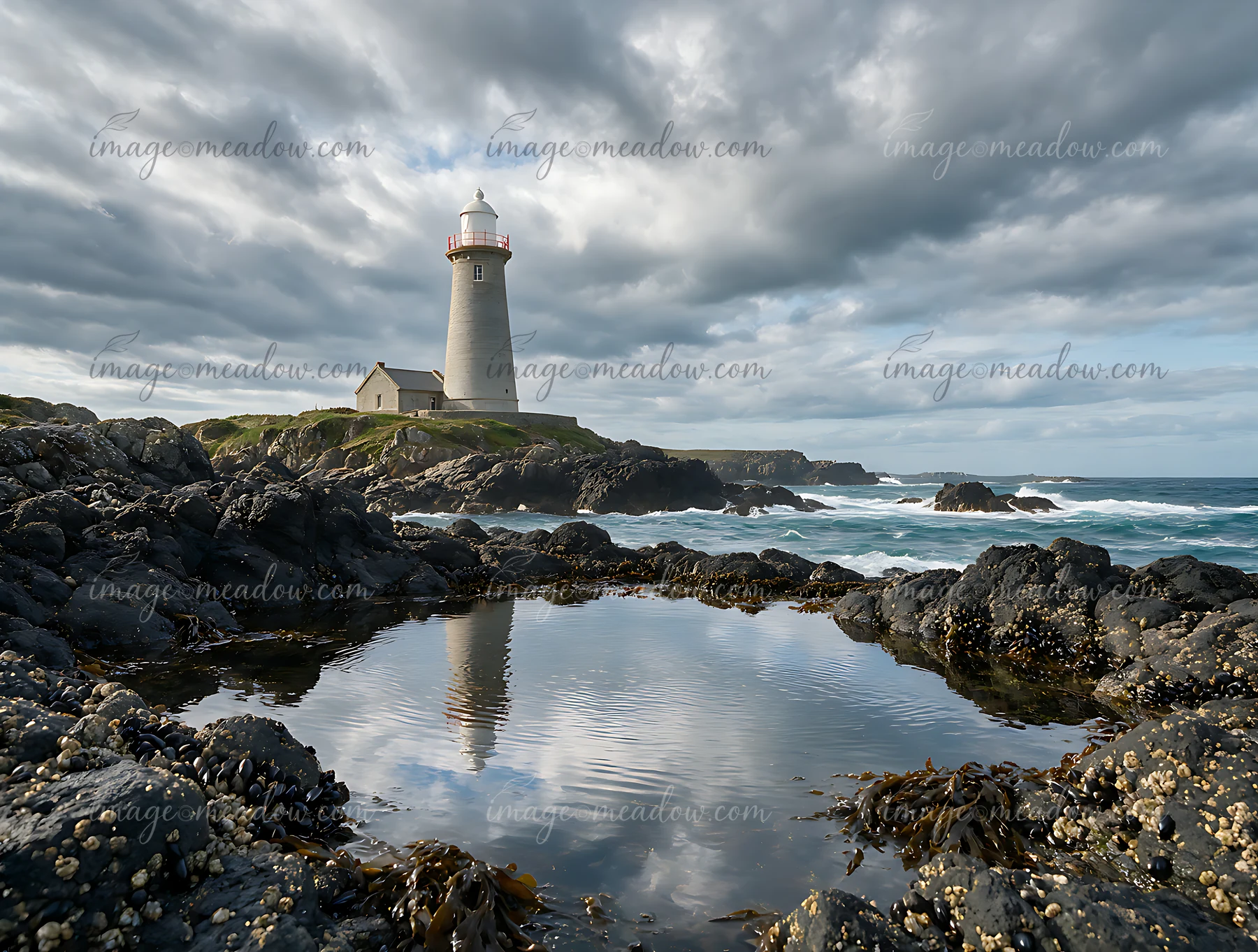 A lighthouse stands on a rocky shore as waves crash against the rocks beneath dramatic clouds.