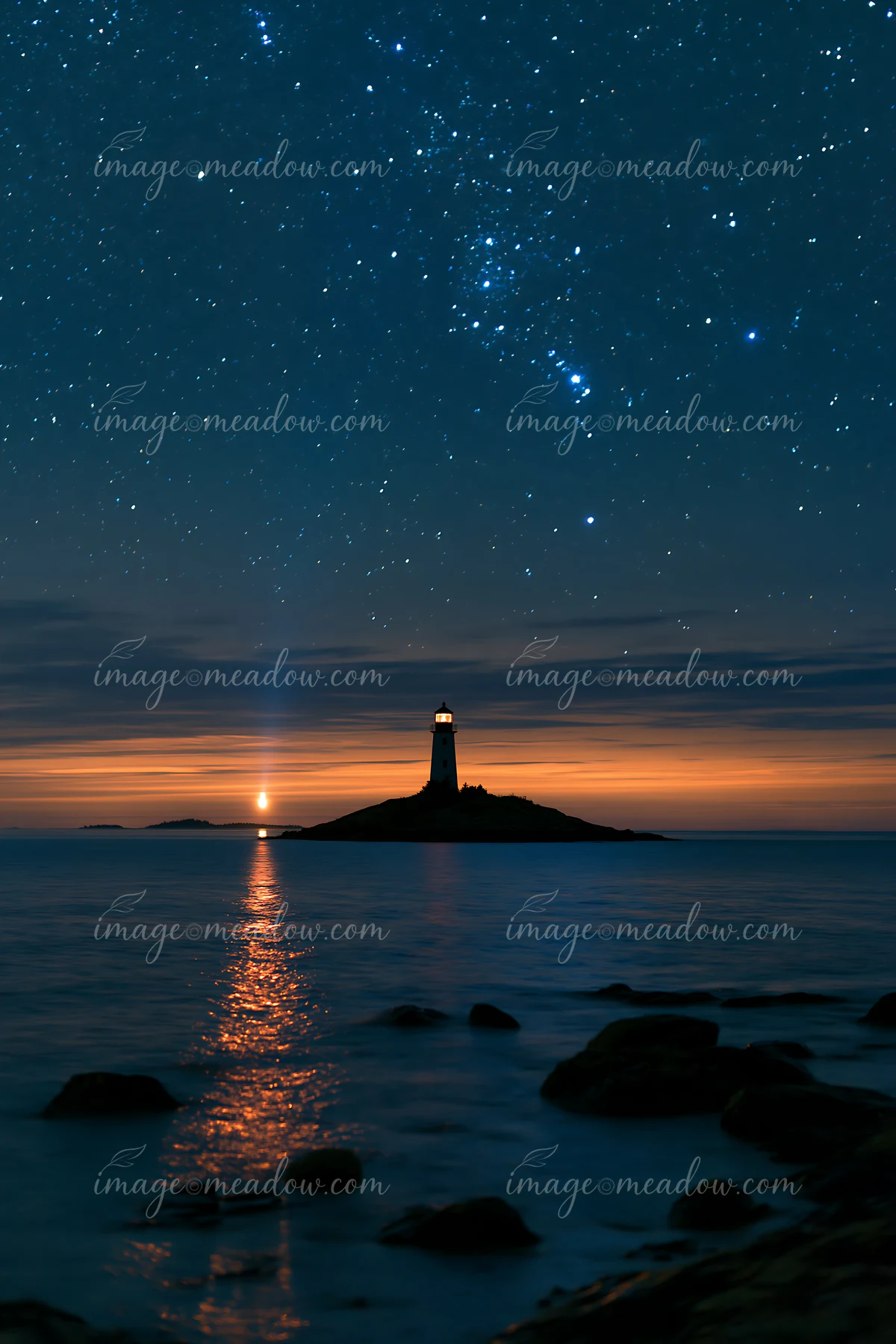 A lighthouse stands on an island under a starry night over a calm ocean.