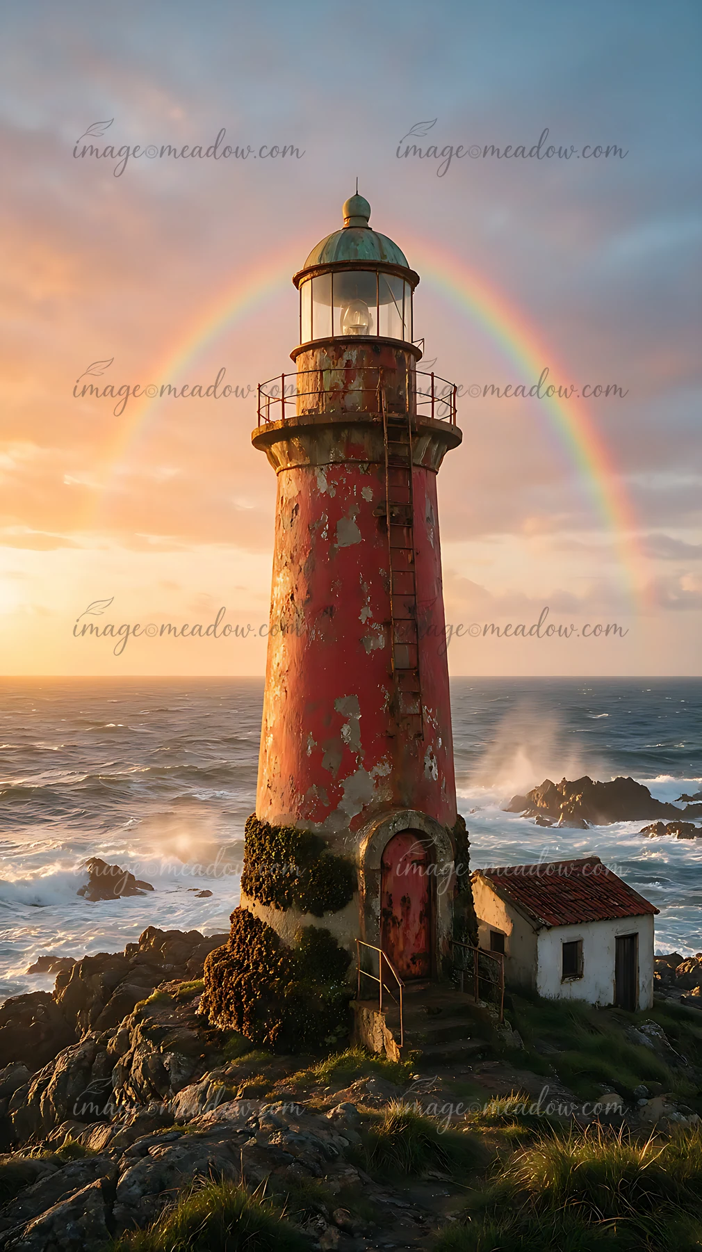 A lighthouse stands on rocky shores with a rainbow arching above, while waves crash against the rocks.