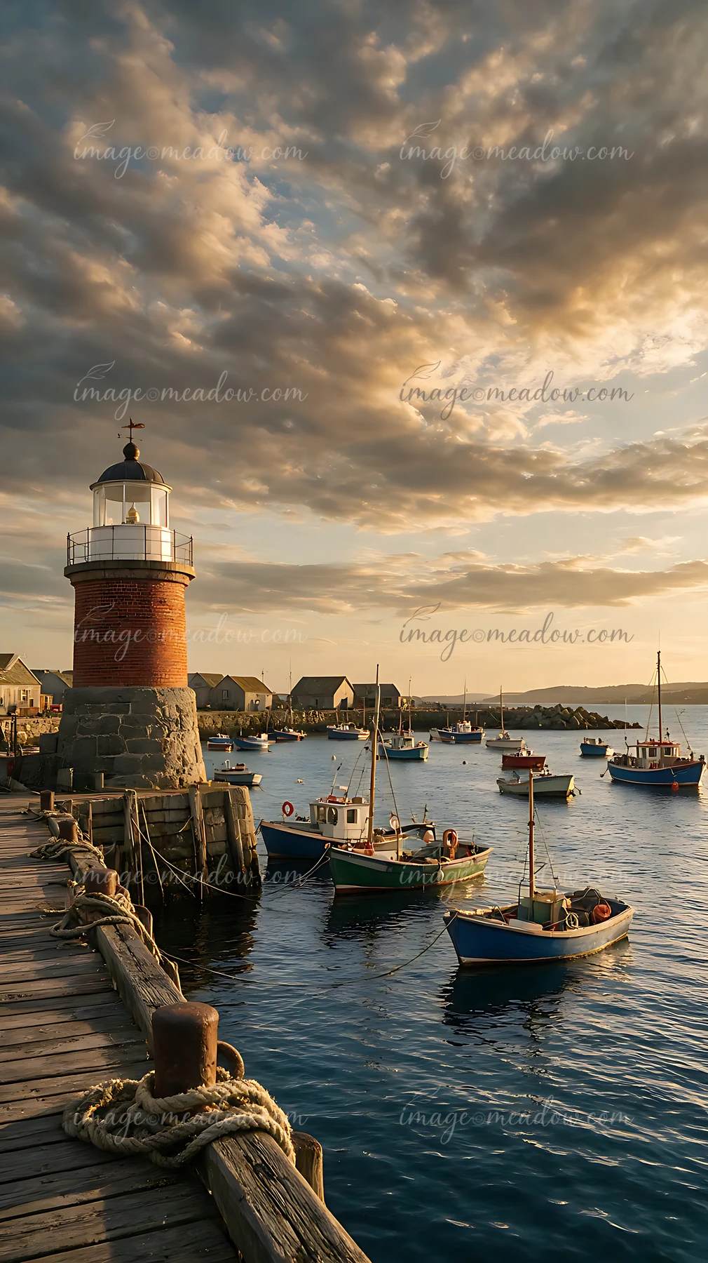 A lighthouse stands tall by the harbor as boats float gently on the water.