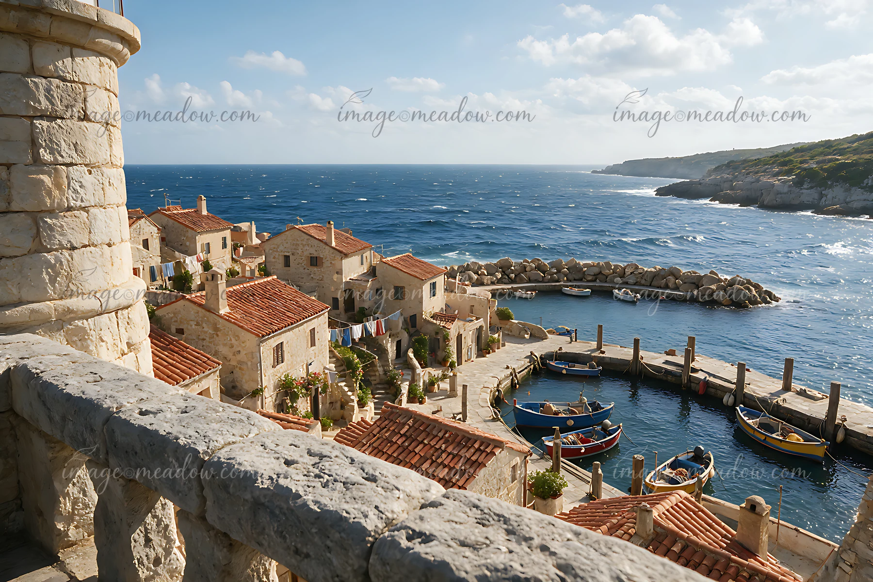 A lighthouse stands tall near a fishing village, where small boats rest in the harbor while the sea gently laps at the shore.