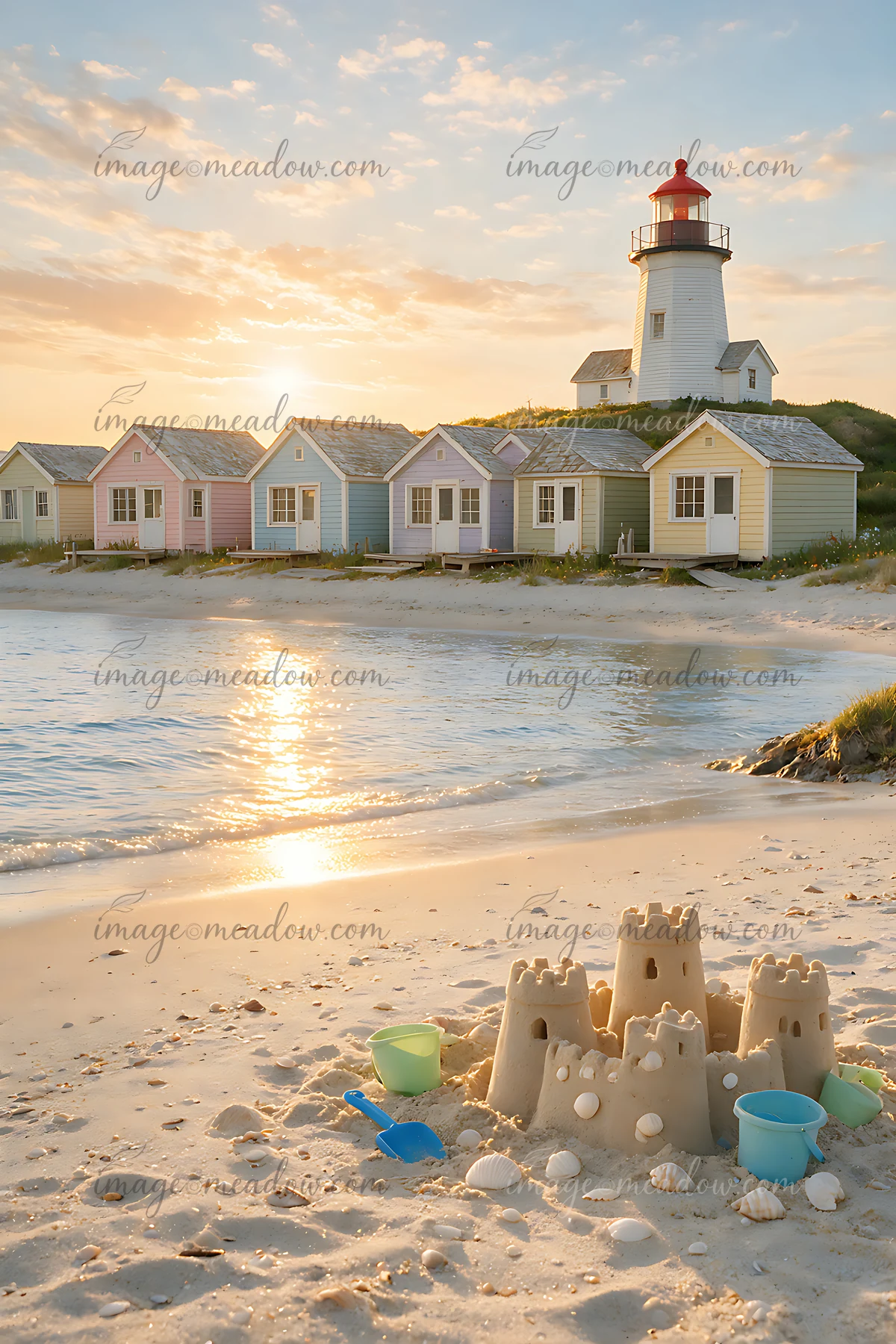 A lighthouse stands tall next to colorful beach cottages along the shore.