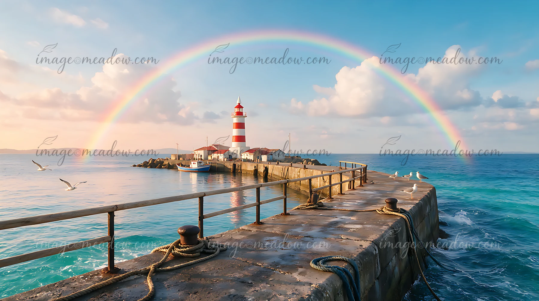 A lighthouse with a rainbow over the ocean stands on a rocky shore.