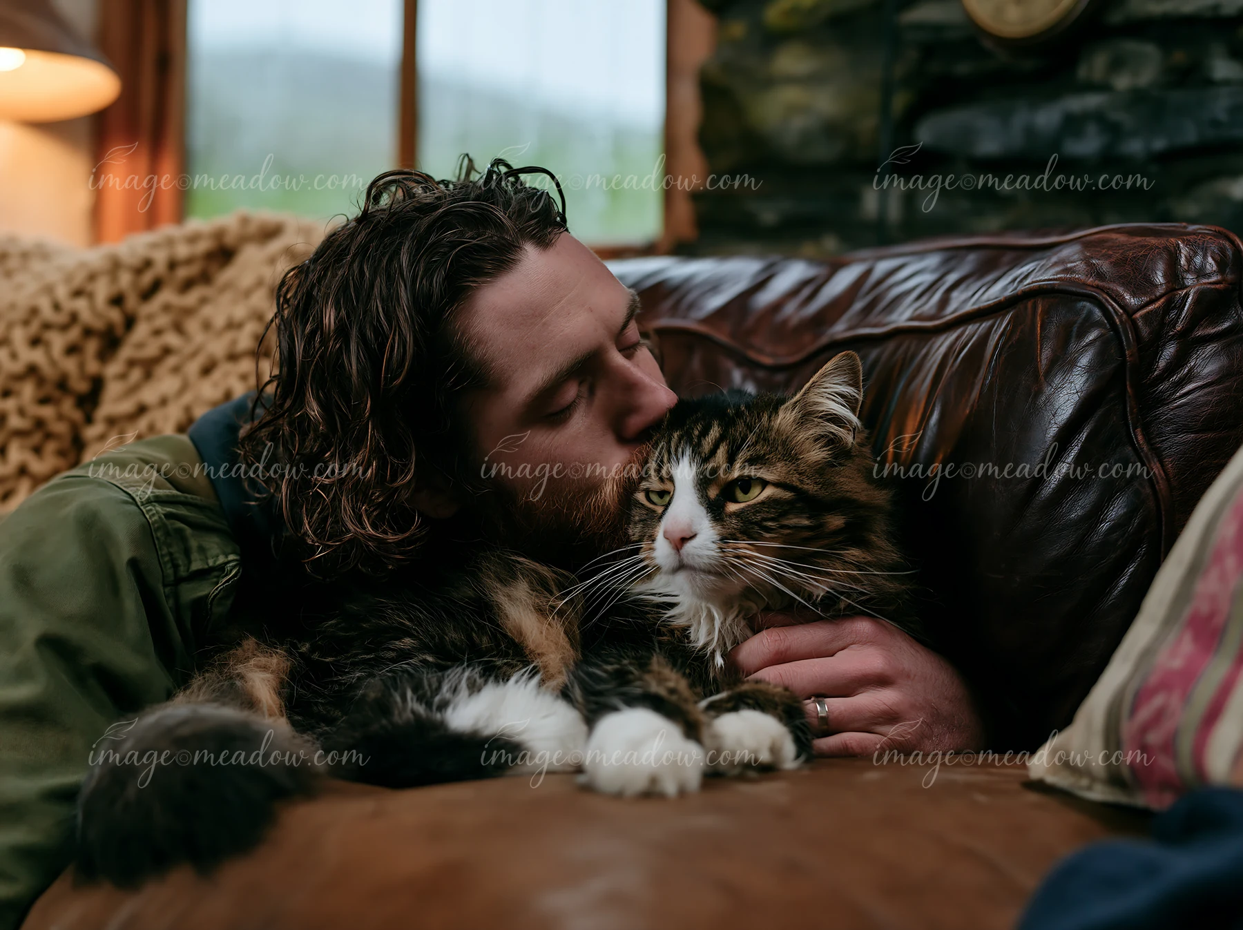 A man gently kisses a cat while sitting on a brown sofa in a cozy living room.