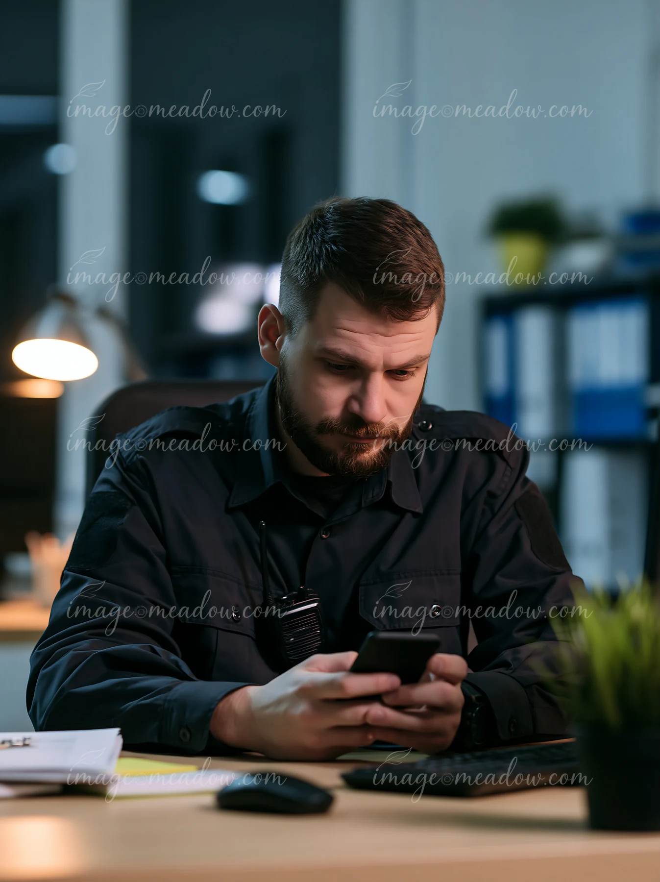 A man in a uniform is busy scheduling an appointment on his smartphone while seated at his desk in a well-lit office space.