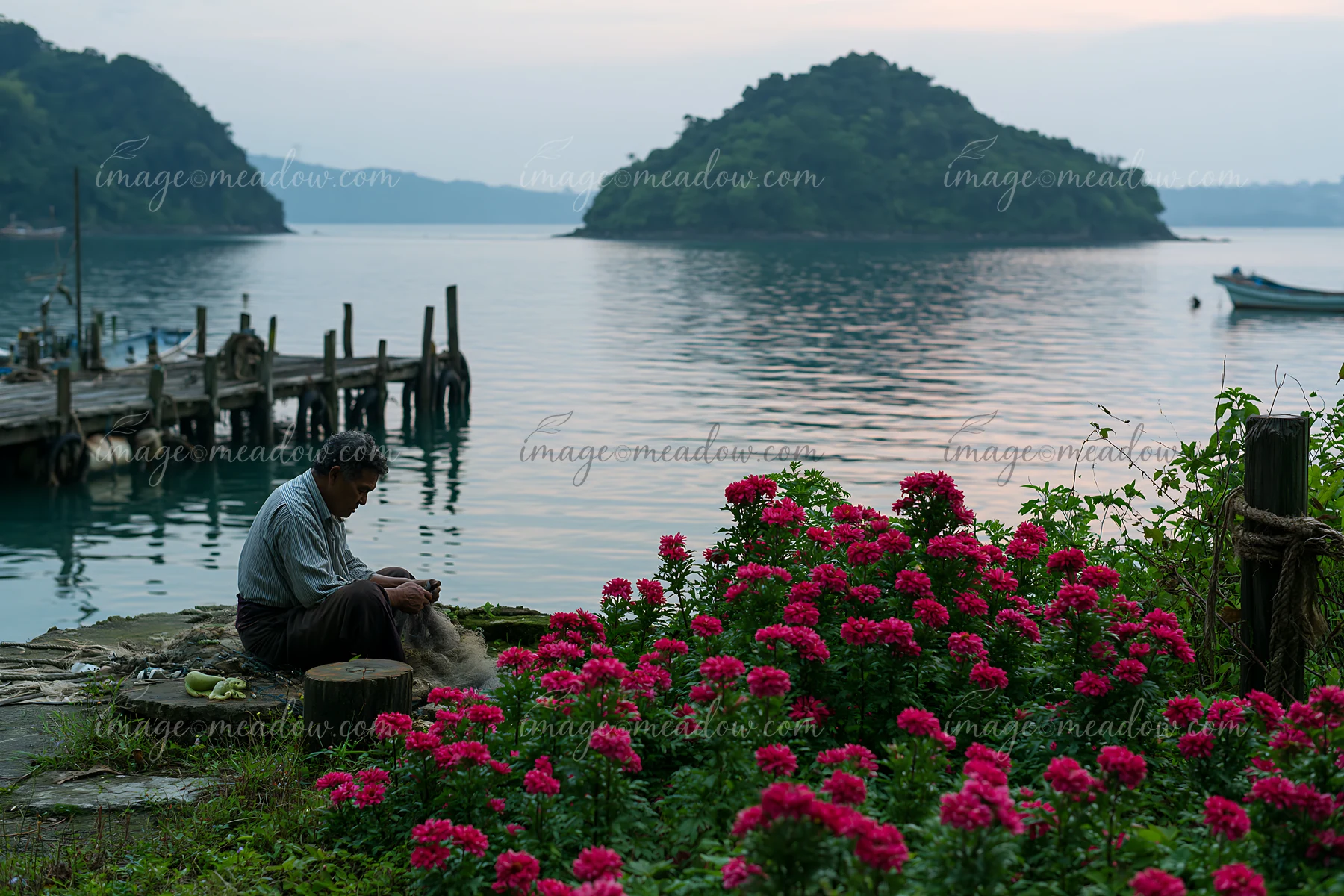 A man sits by the water's edge on a remote island with colorful flowers, crafting in the early evening light.