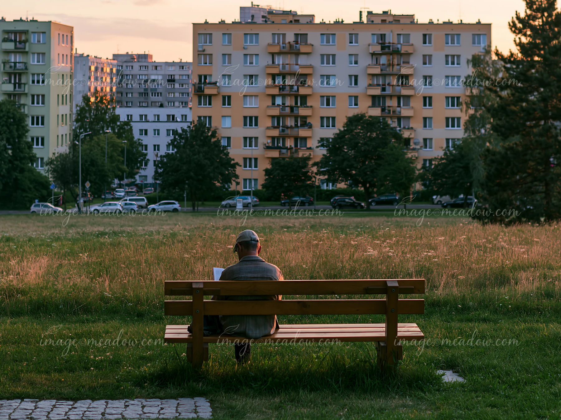 A man sits on a wooden bench in an urban meadow among buildings, reading as the sun sets behind tall residential structures.