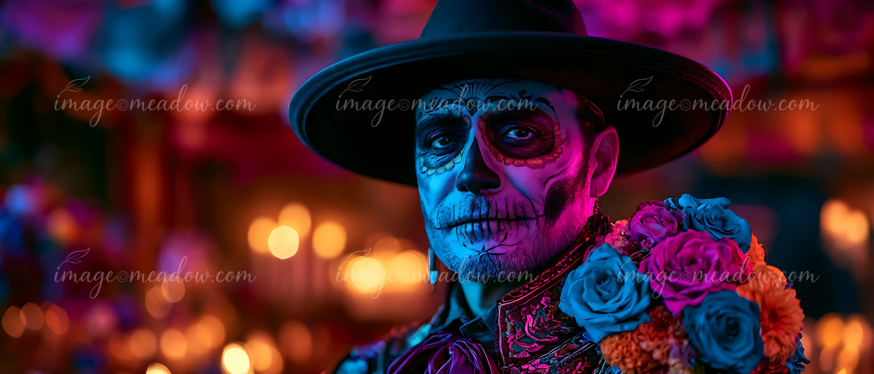 A man wearing a black hat and a suit adorned with flowers stands in a festive atmosphere with colorful lighting and candles.