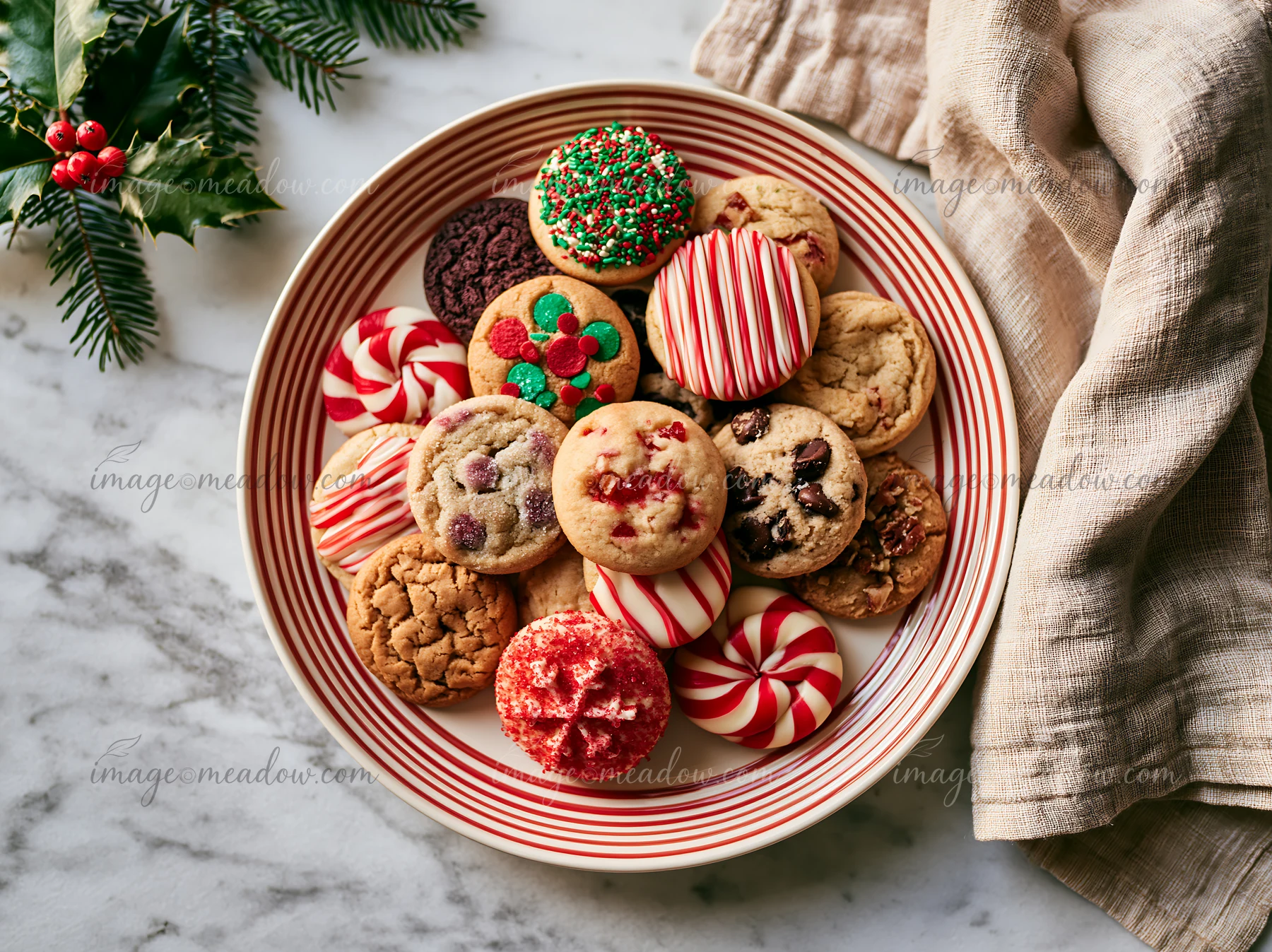 A marble kitchen countertop features a festive plate filled with assorted Christmas cookies, including decorated sugar cookies and classic favorites.