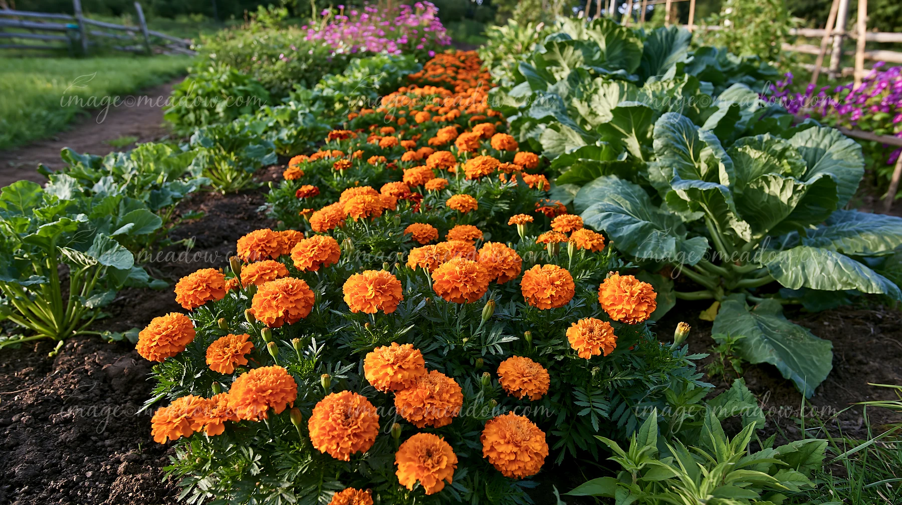 A marigold flower bed features bright orange blooms among green vegetables in a garden setting.