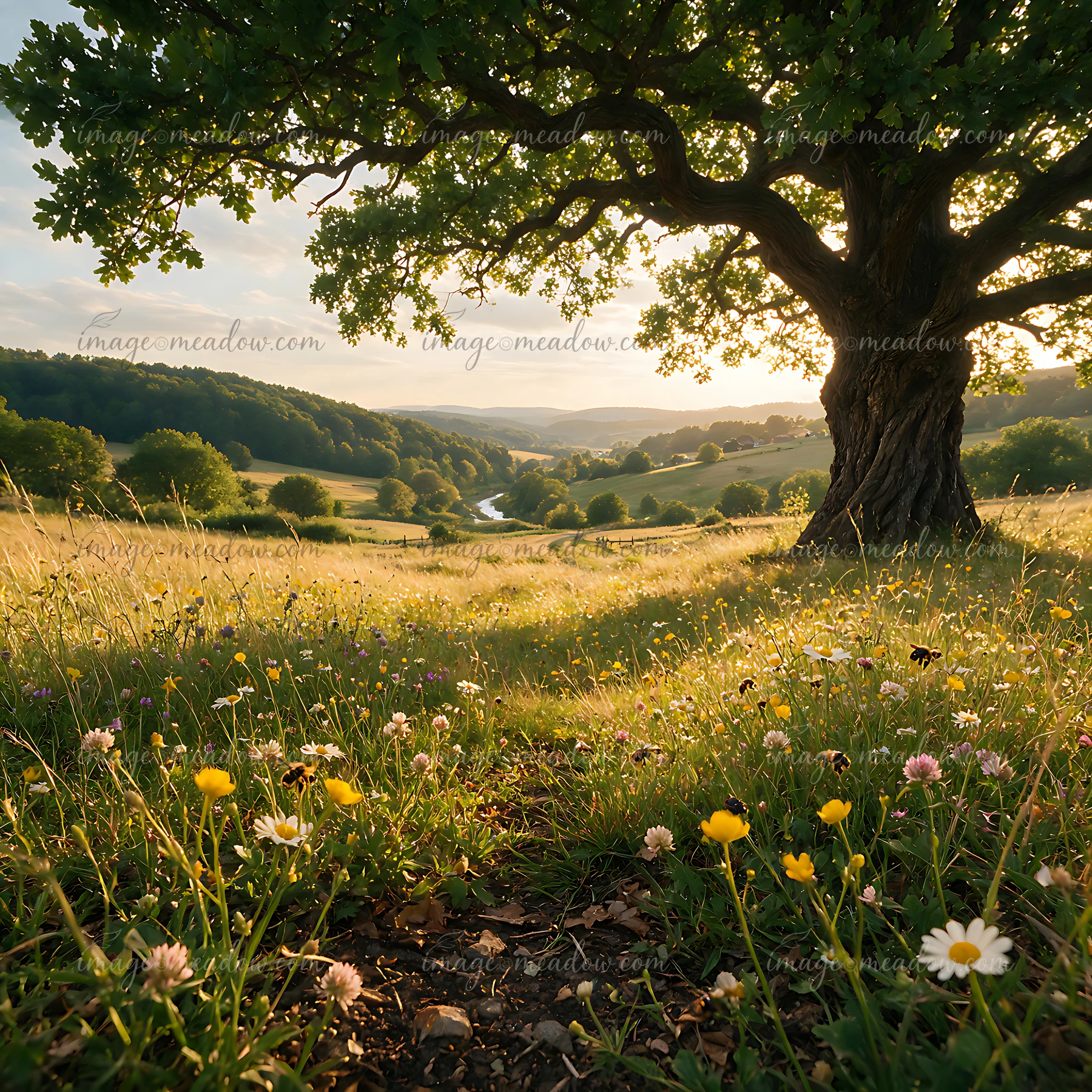 A meadow beneath an oak tree features wildflowers and green grass in spring.