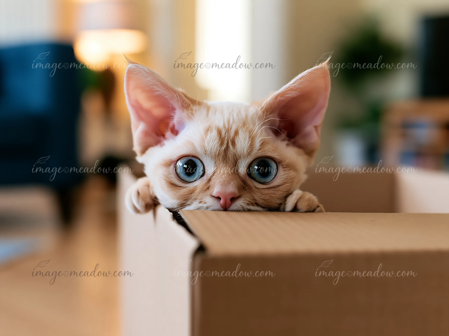 A Minskin cat with large blue eyes peeks out of a cardboard box in a cozy living room.