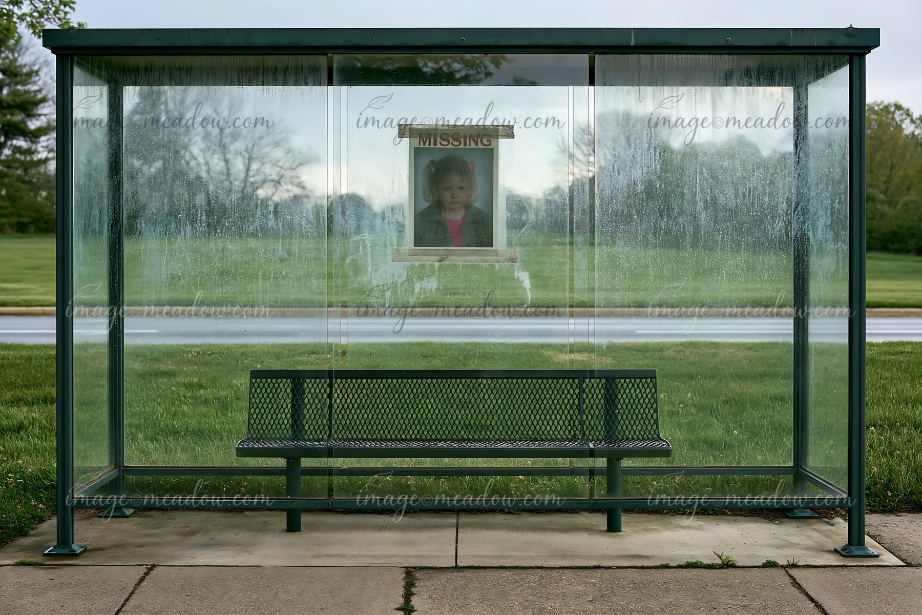 A missing child poster is visible at a bus stop with a bench.