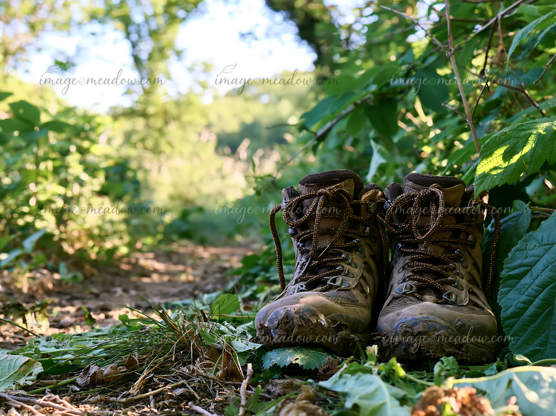 A pair of hiking boots sits on a dirt path surrounded by greenery.