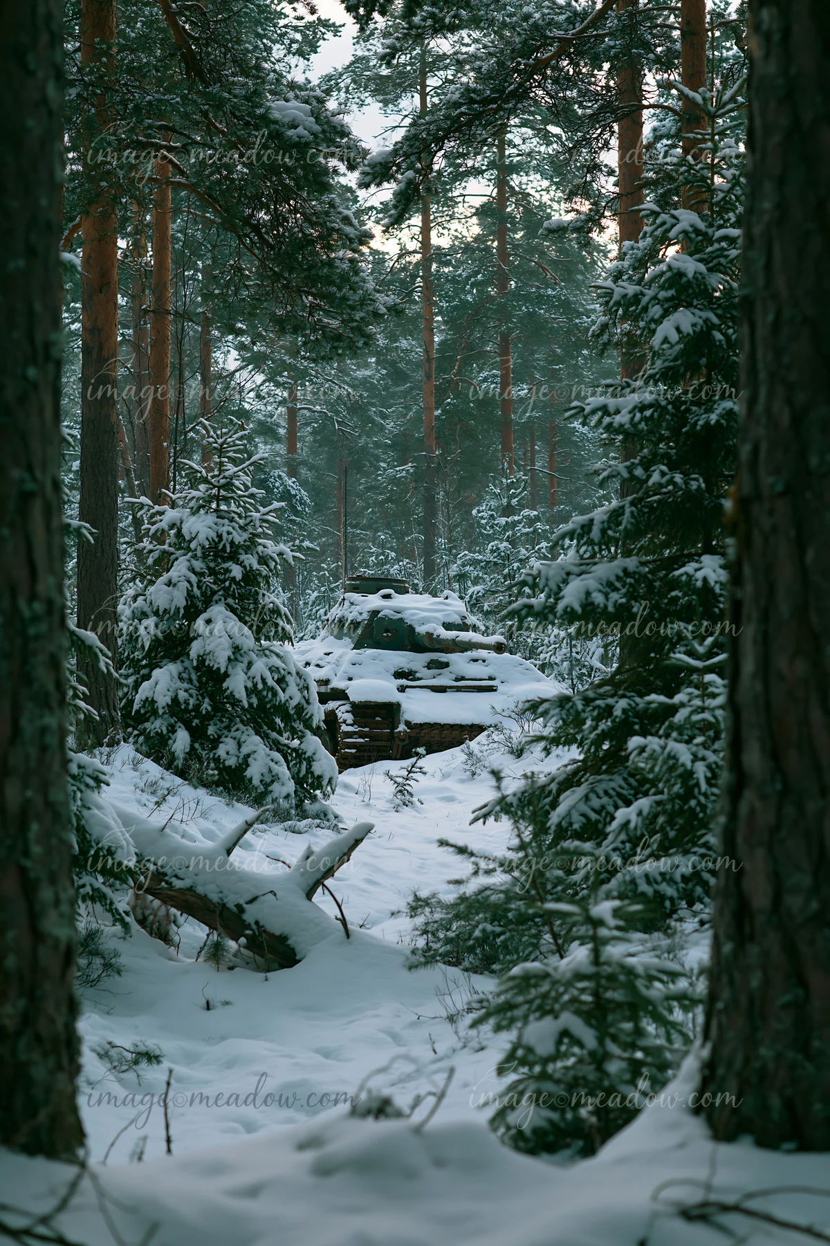 A panzer tank in winter snow is partially visible among tall trees.