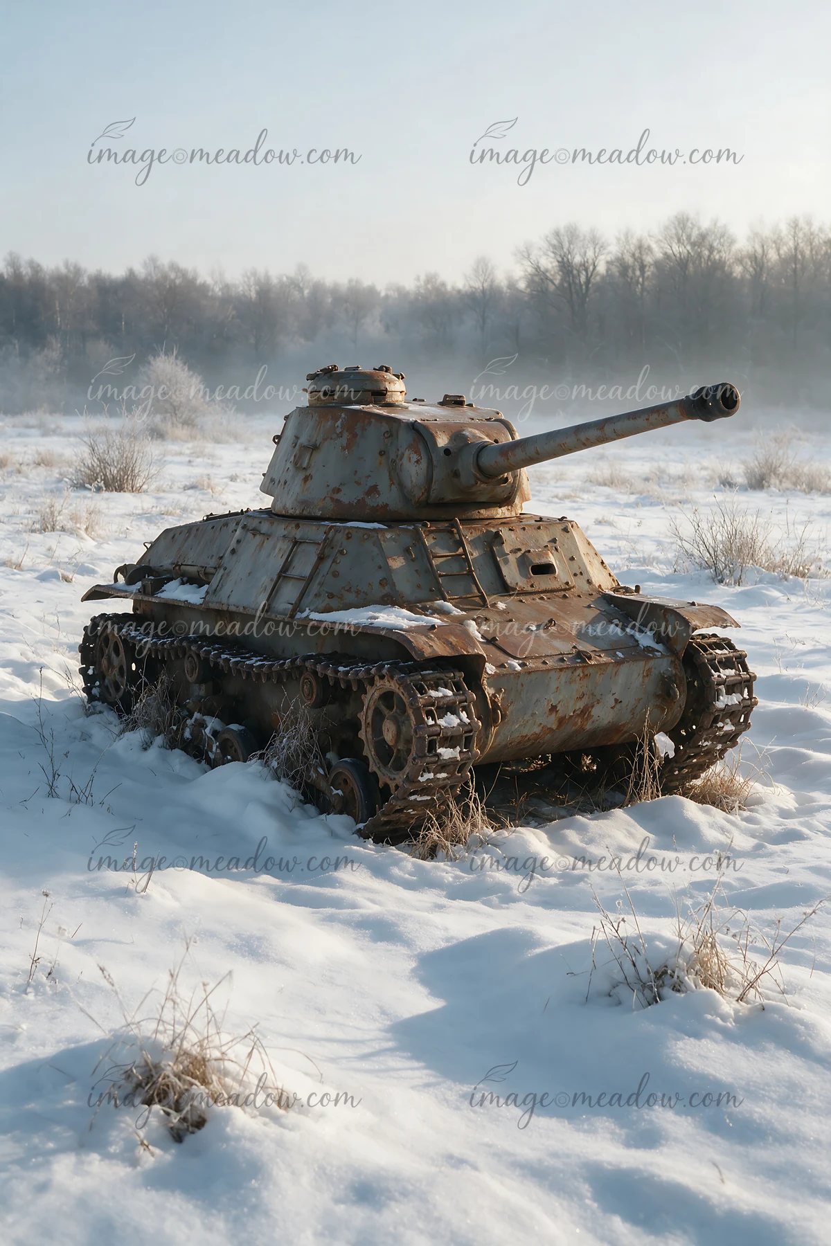 A panzer tank in winter snow rests in a frosted field with dry grass.
