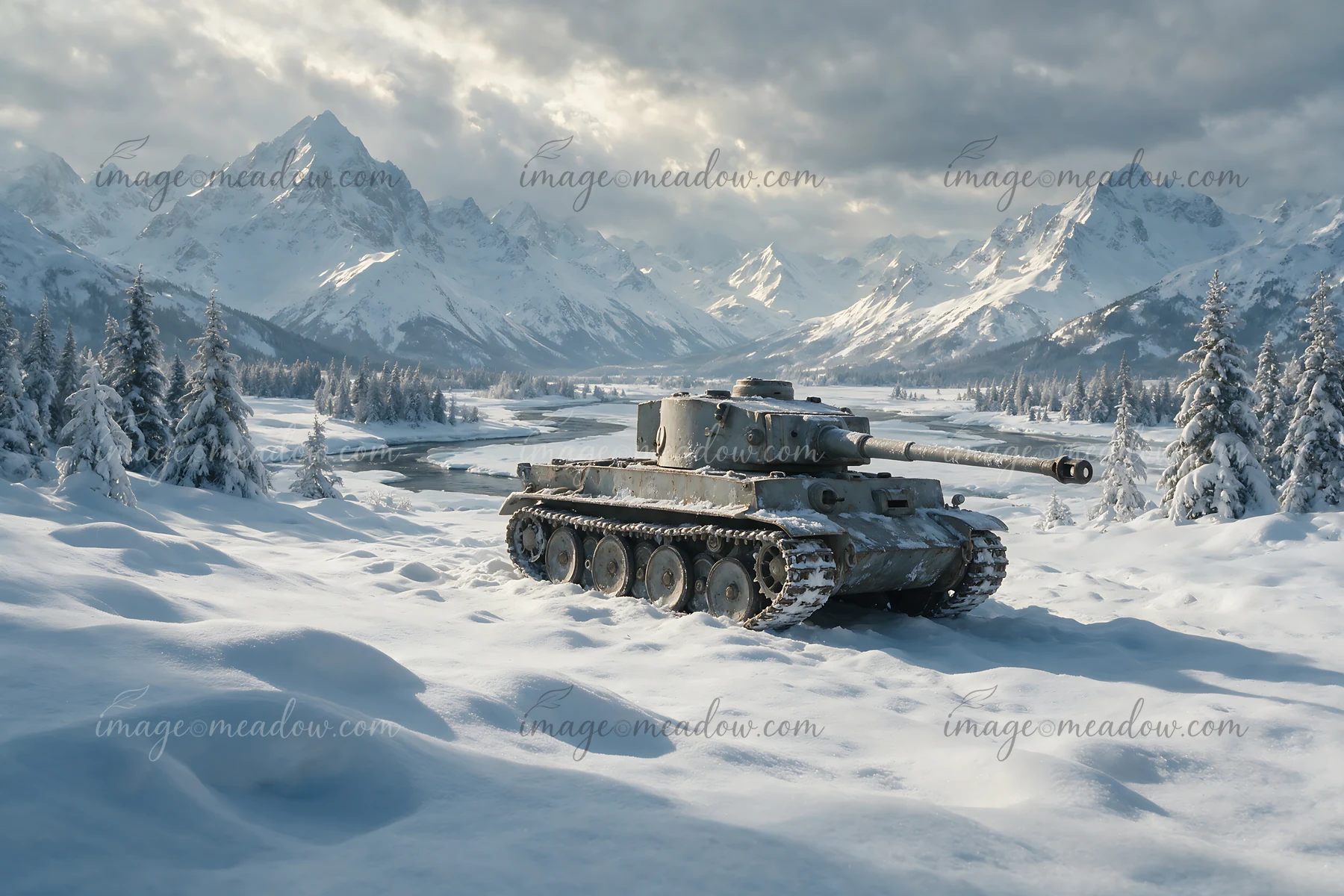 A panzer tank in winter snow rests on a snowy field, surrounded by tall mountains and evergreen trees.