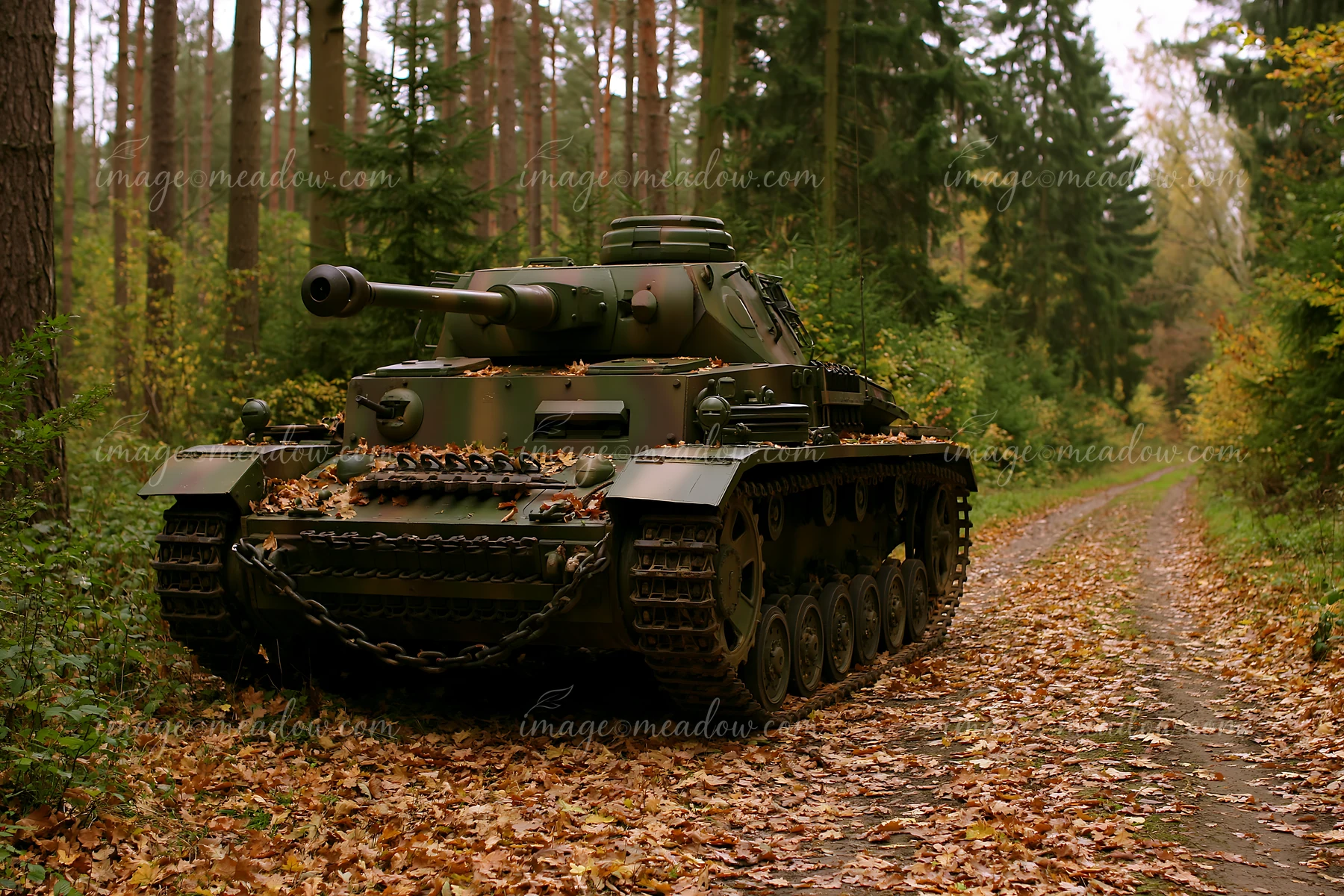 A panzer tank is parked on a dirt path in an autumn forest, surrounded by trees with yellow and orange leaves.