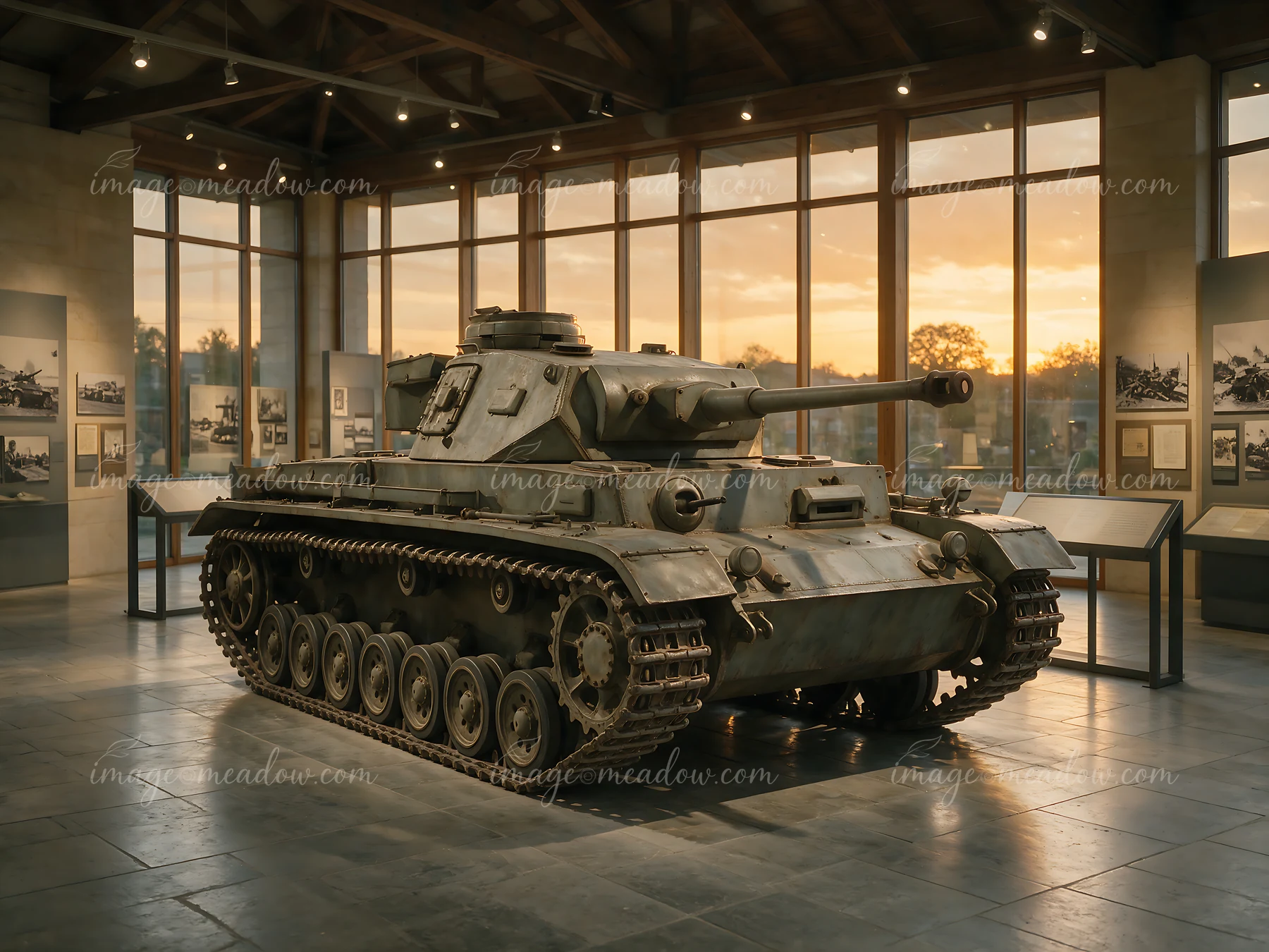 A panzer tank is showcased in a museum with large windows, revealing a sunset outside.