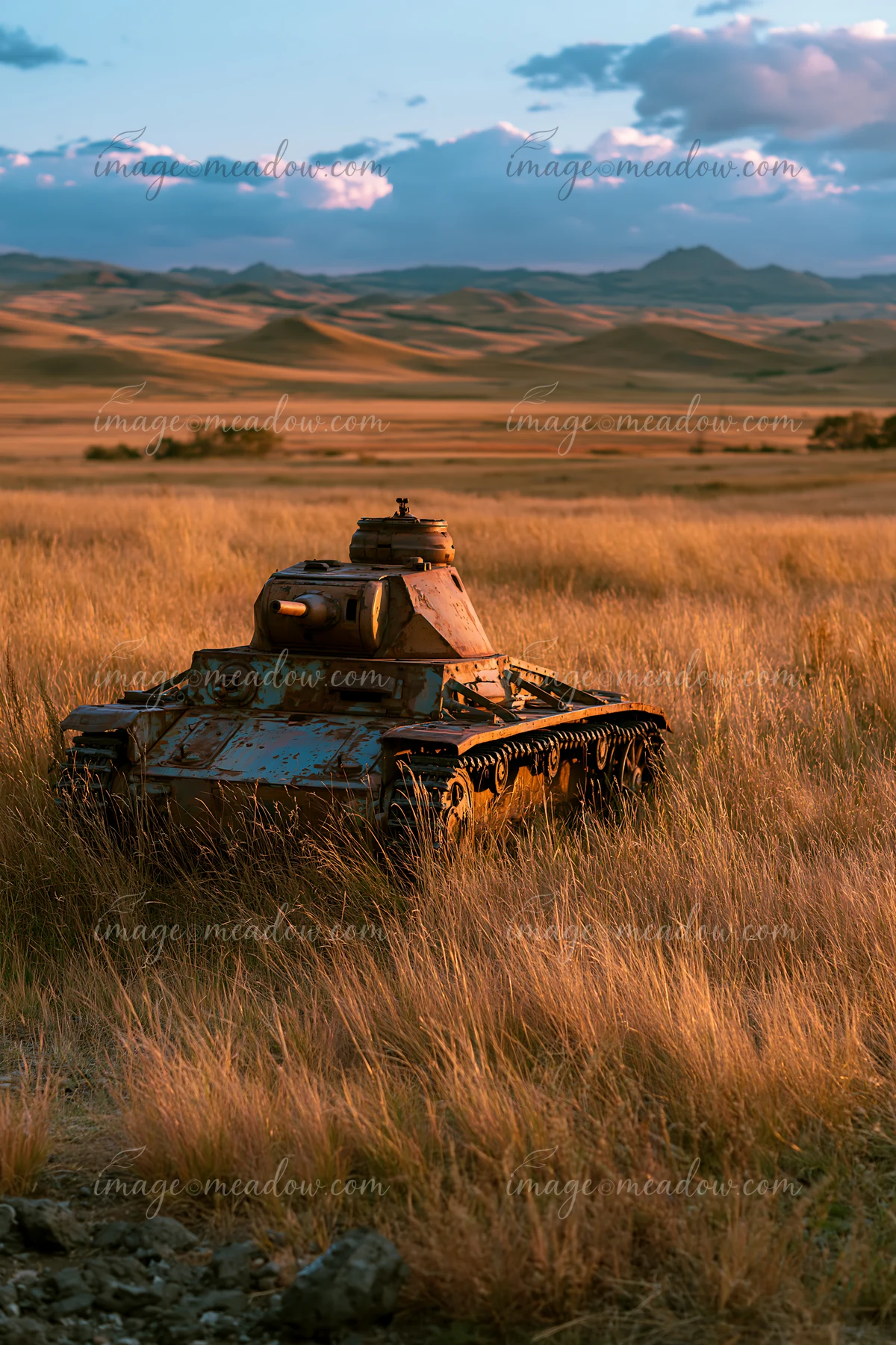 A panzer tank surrounded by grass sits prominently in an open field.