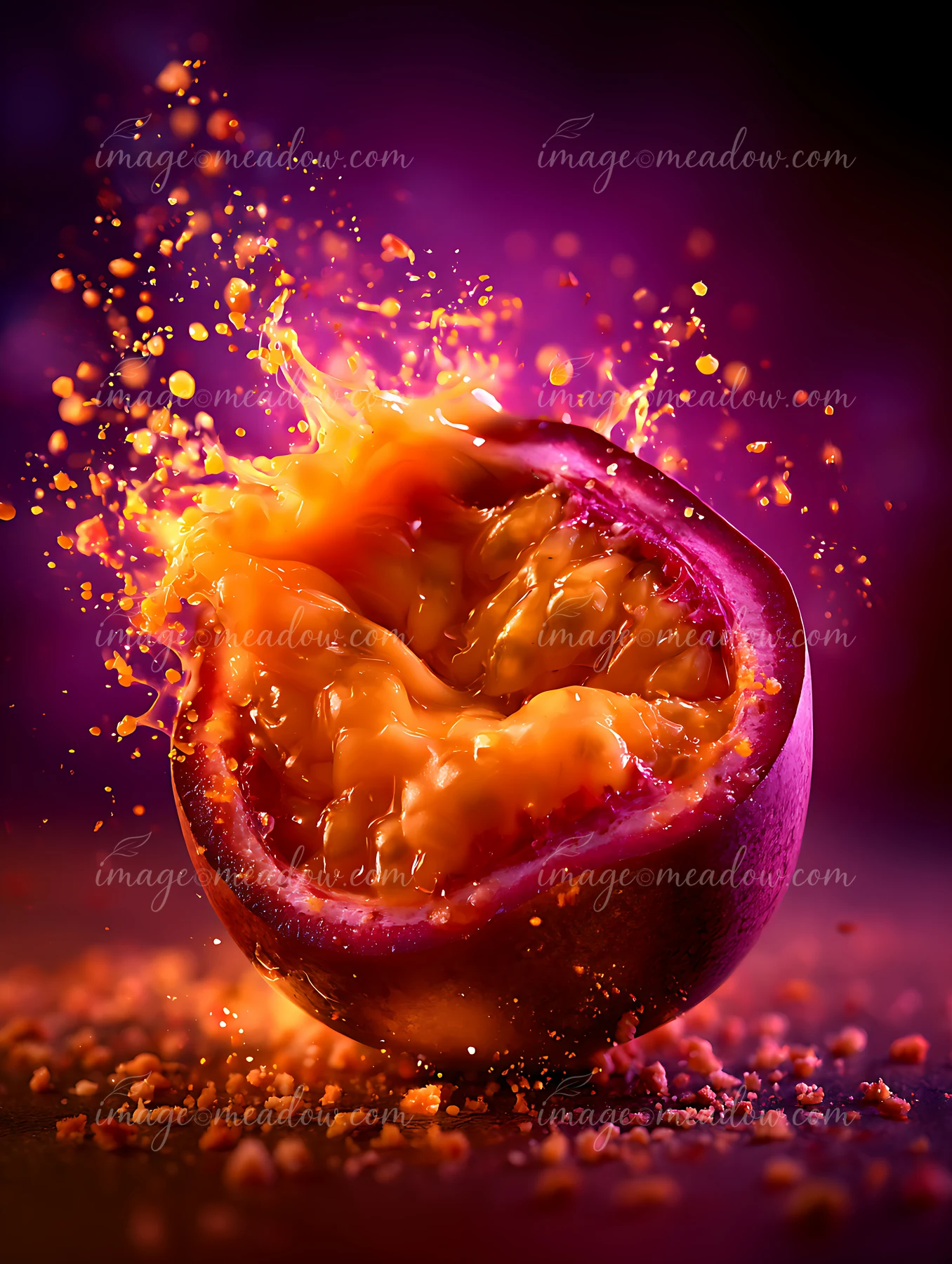 A passion fruit bursts open, releasing bright orange pulp and juice, creating an energetic splash against a dark background.