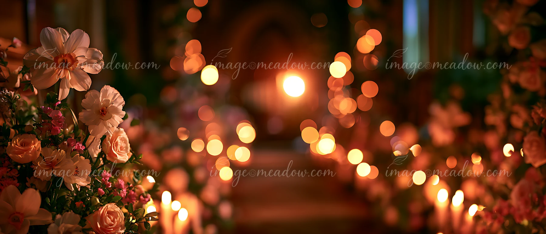 A path lined with flowers and candles leads to a warm glowing light in a dimly lit setting, creating an inviting atmosphere for a gathering or ceremony.