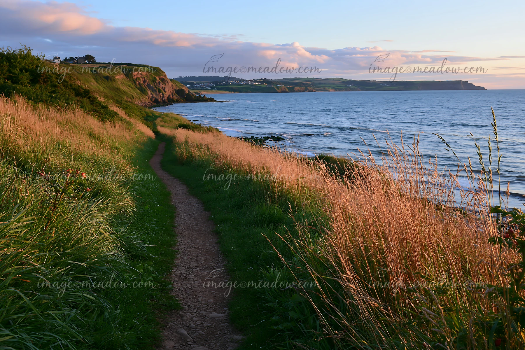 A path winds along the edge of a coastline with sheltered bay, bordered by tall grass.