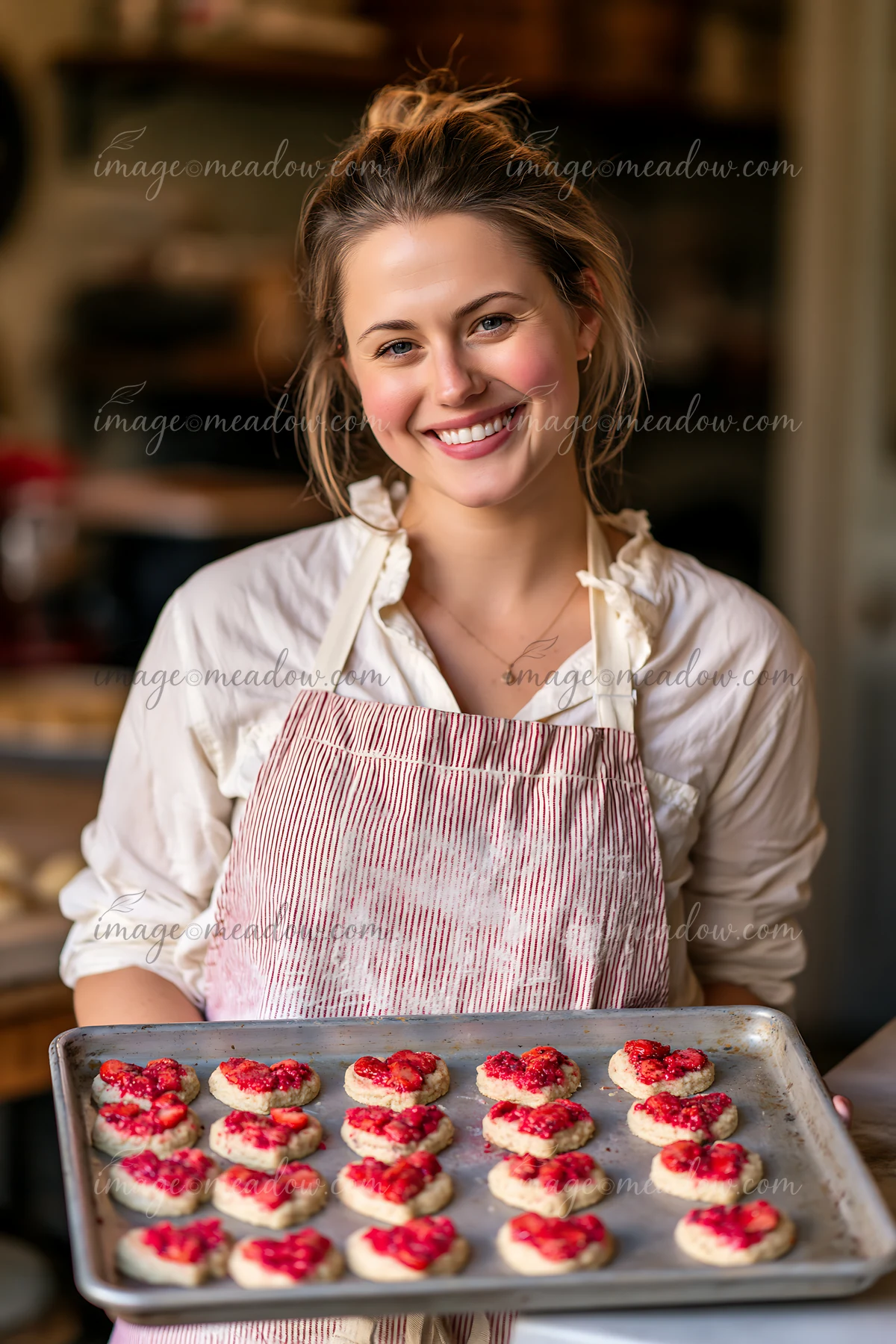 A person holds a baking tray filled with heart-shaped cookies topped with red decorations in a kitchen setting.