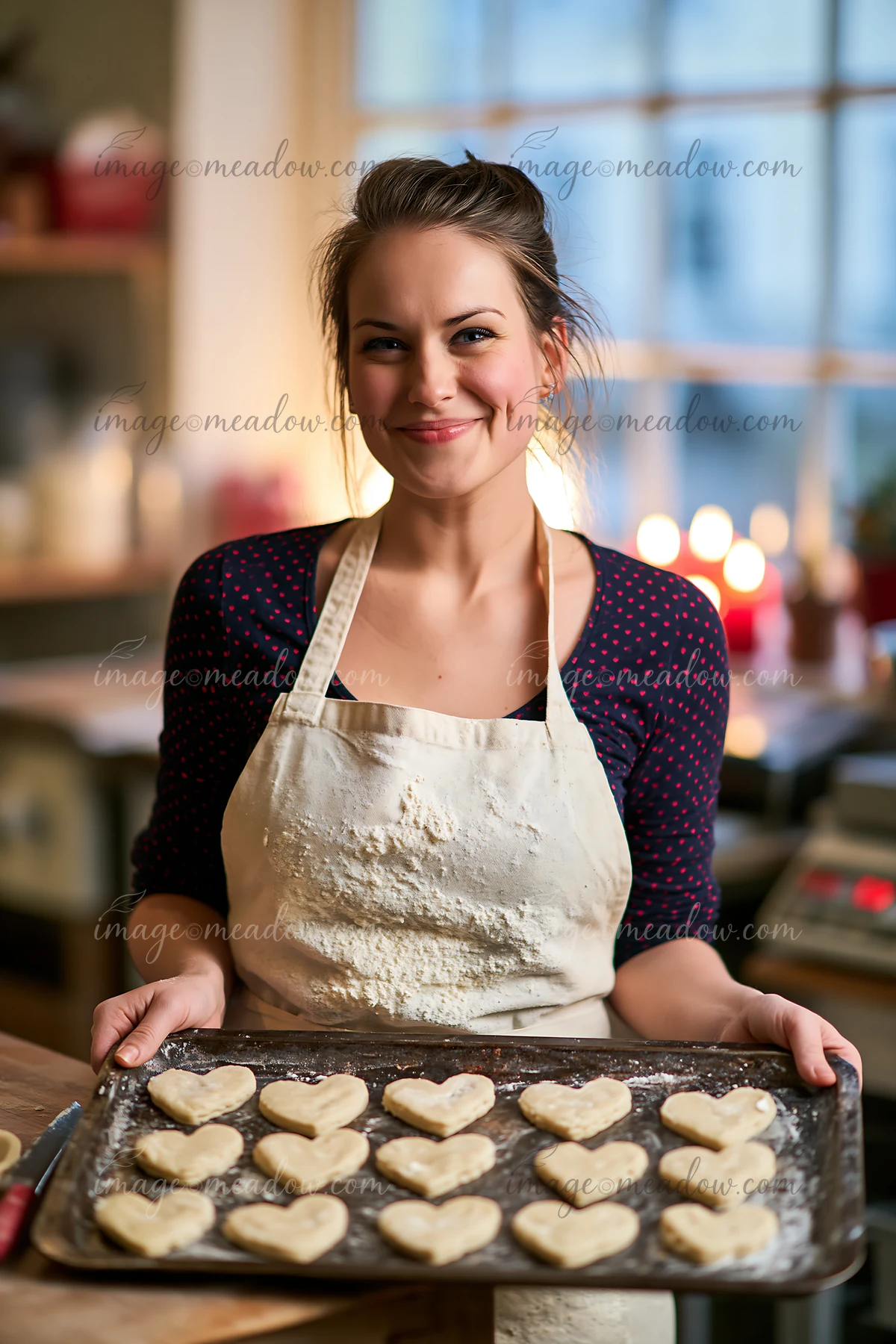 A person holds a baking tray filled with unbaked heart-shaped cookies in a cozy kitchen.