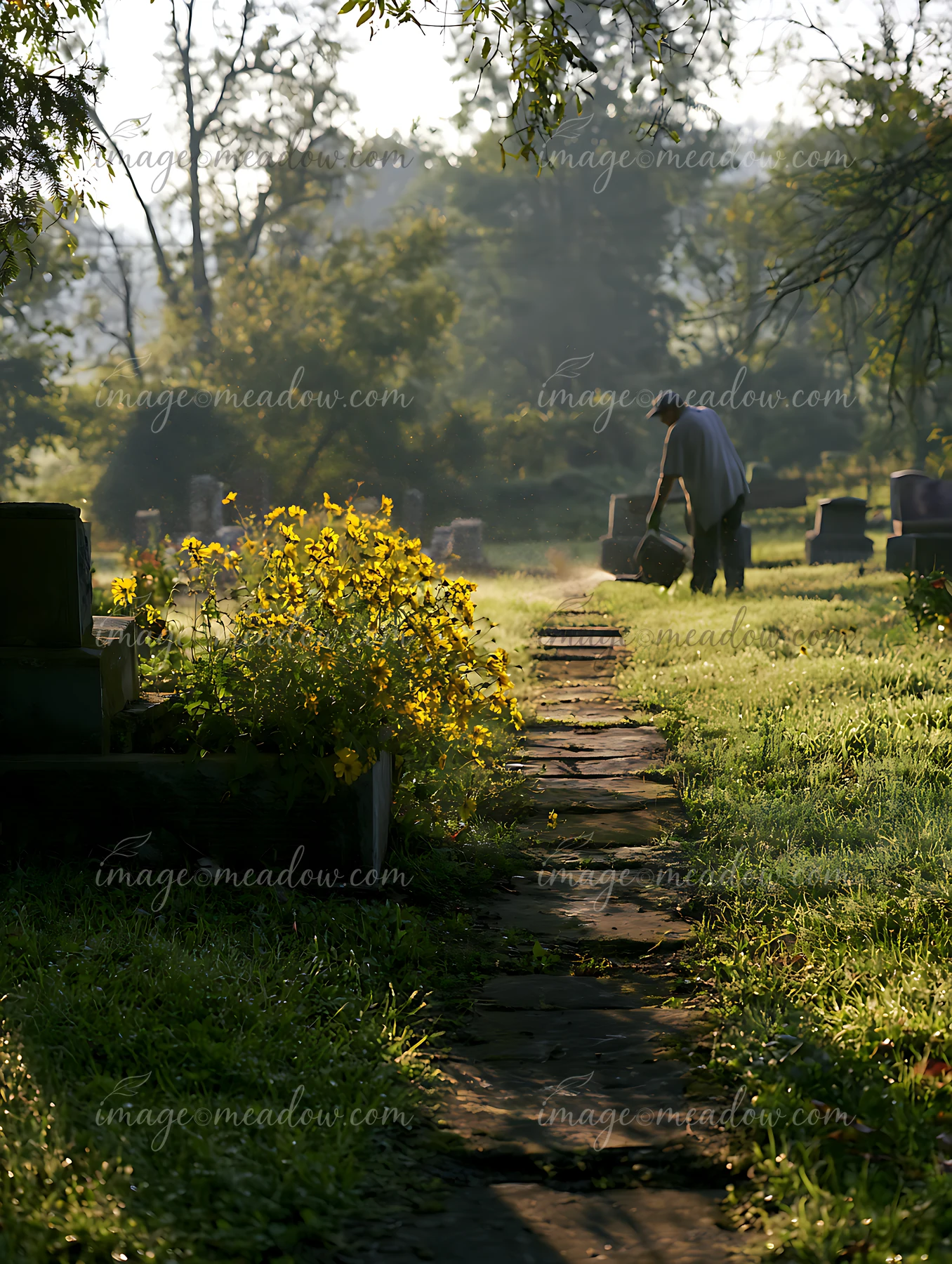 A person is walking on a path near a grave adorned with yellow flowers in a cemetery at dawn.