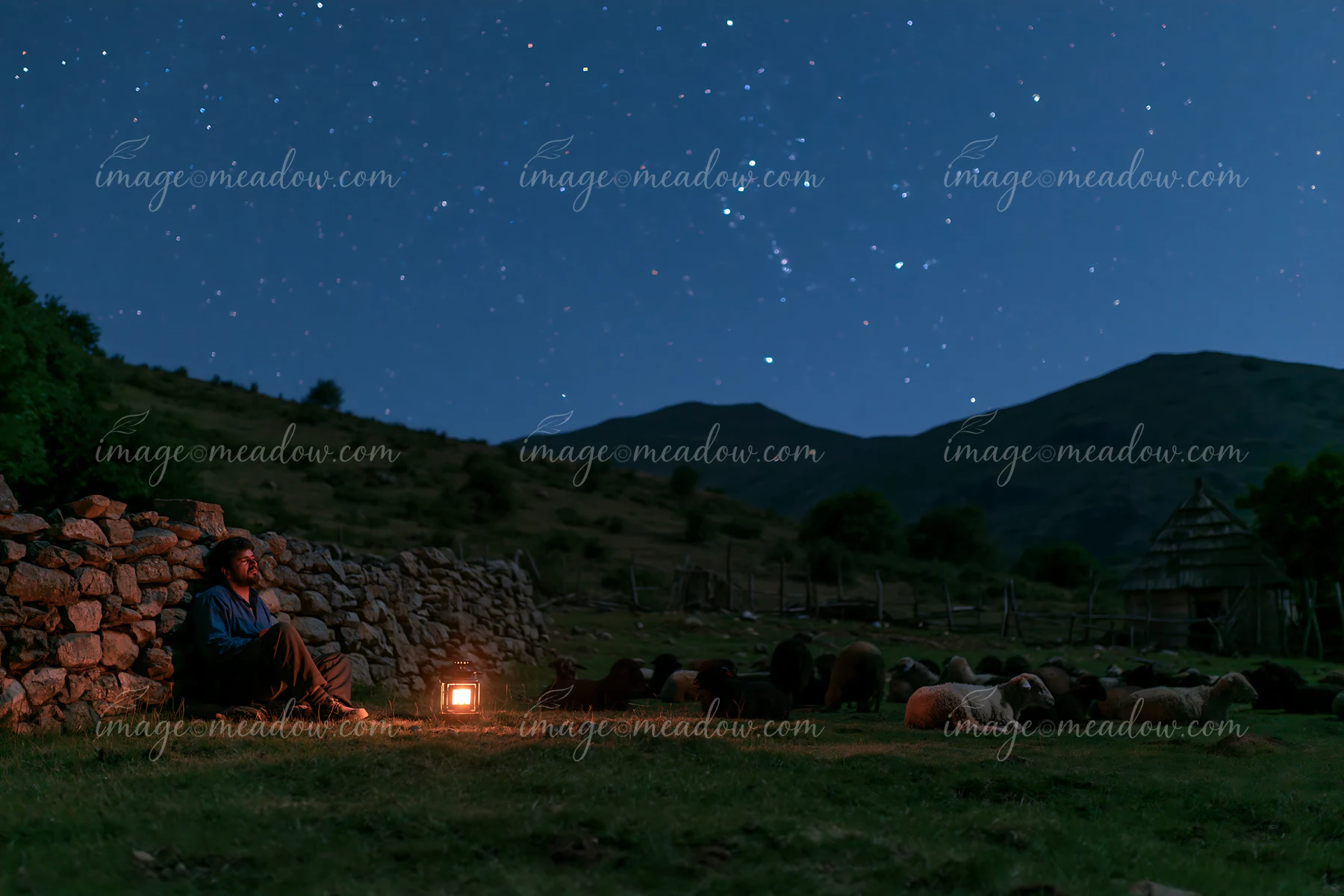 A person sits next to a stone wall, gazing at a starry night sky while surrounded by sheep.