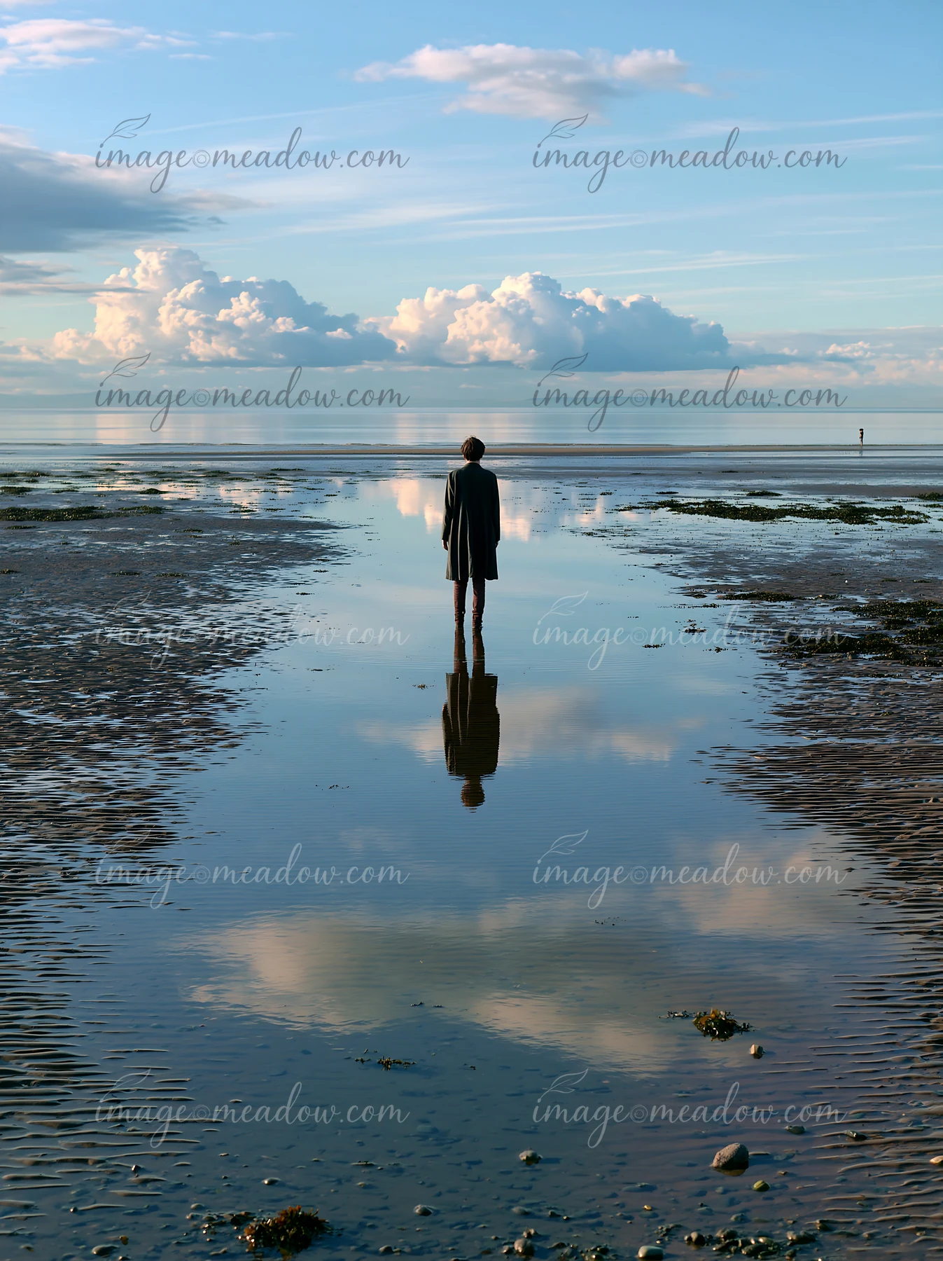 A person stands alone on a wet sand beach at low tide, reflecting clouds in the shallow water.
