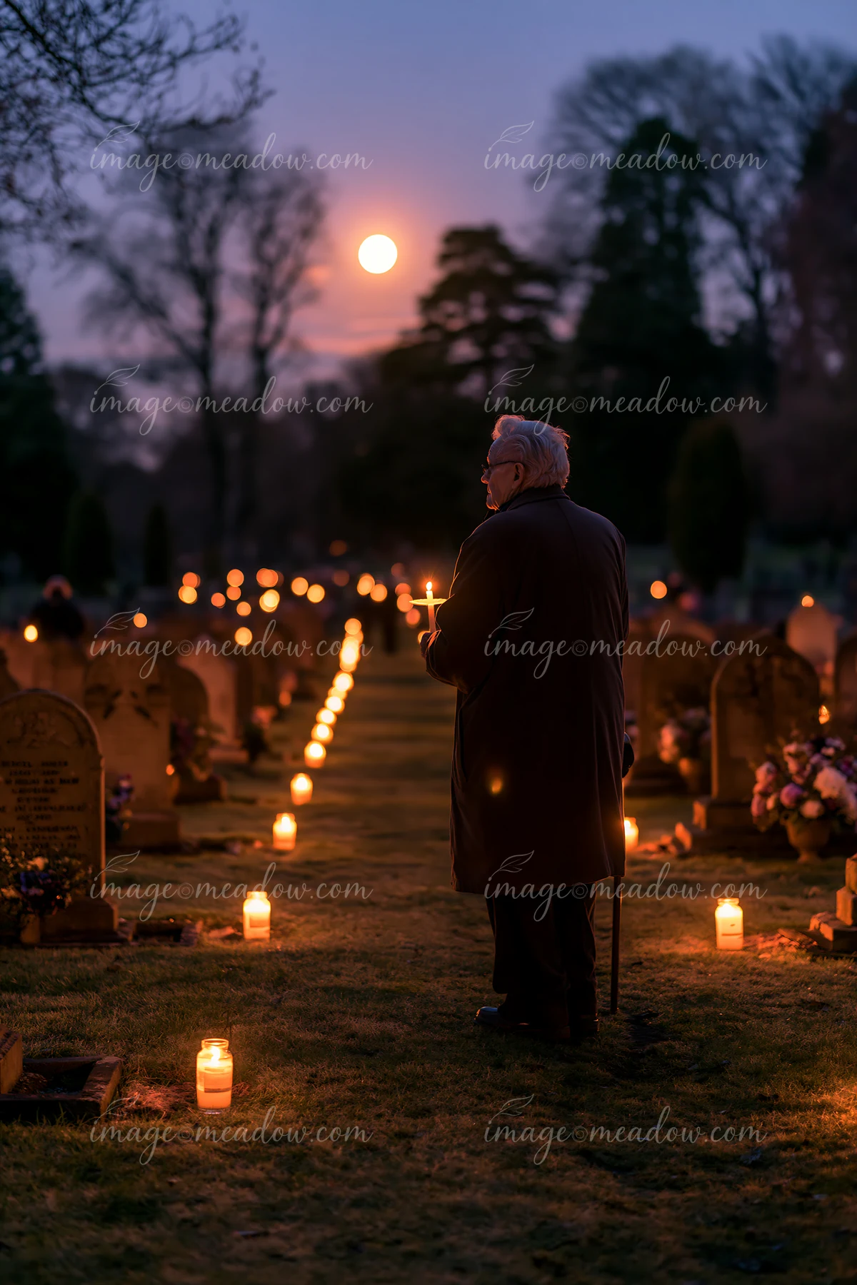 A person stands near headstones of fallen soldiers under moonlight in a cemetery.