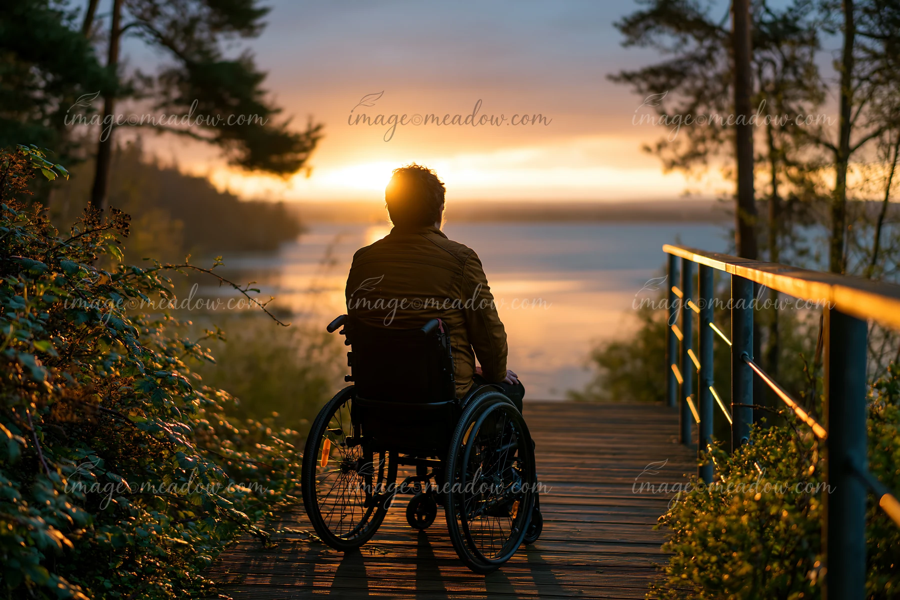 A person with muscular dystrophy using a wheelchair sits on a wooden path, facing a sunset over a body of water.