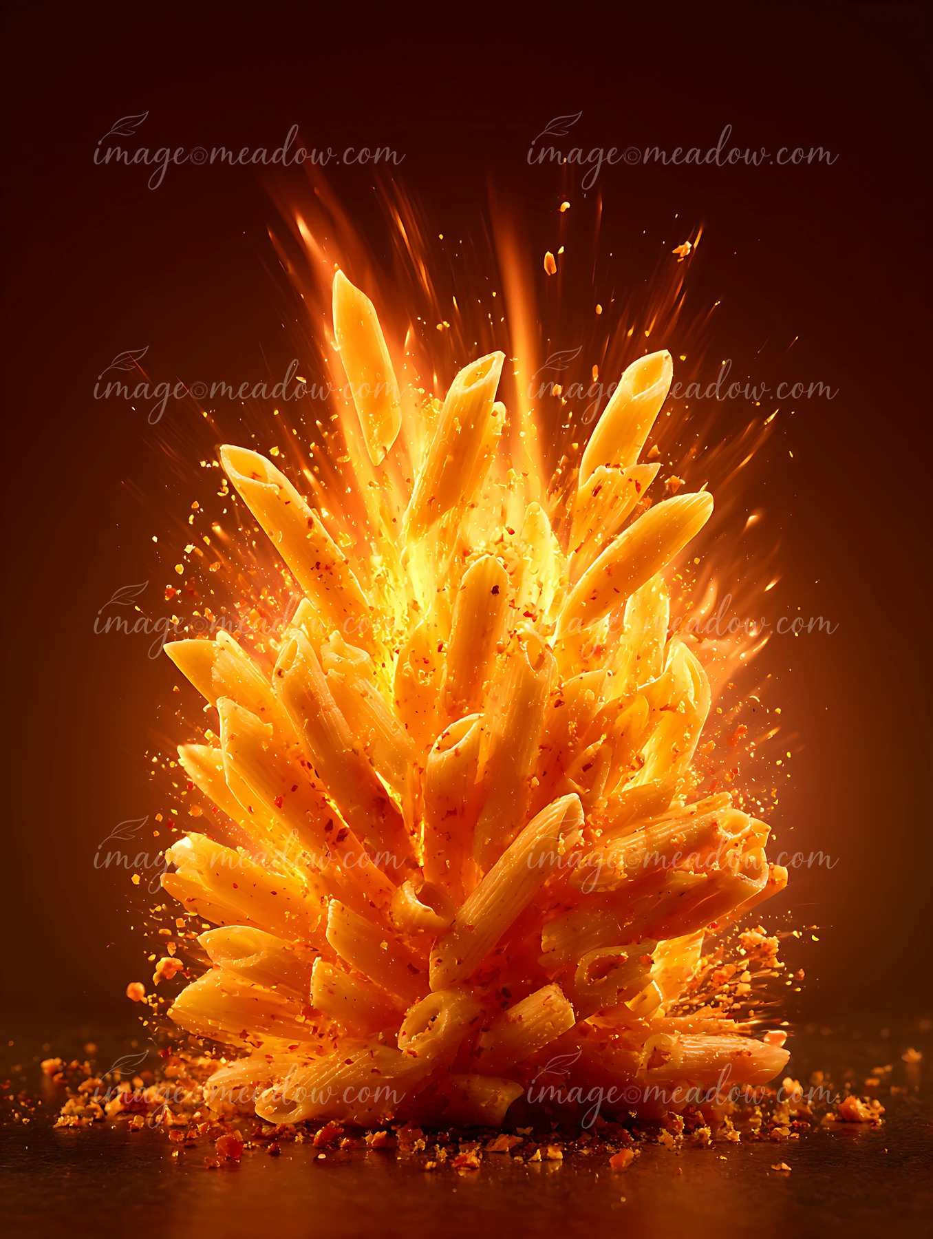A pile of penne pasta bursts into the air, surrounded by colorful spices and dust.