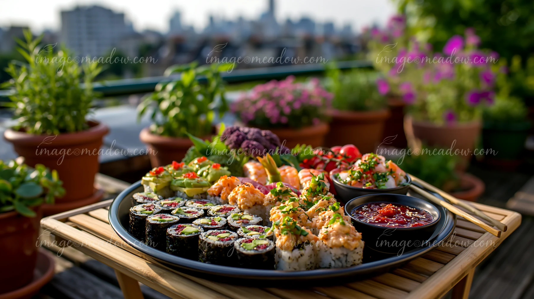 A platter of various sushi types, including rolls and sashimi, is set on a wooden table surrounded by potted plants.
