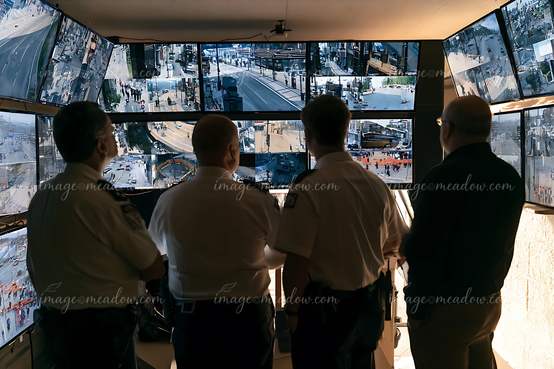 A police chief and three officers observe various public surveillance monitors in a control room.